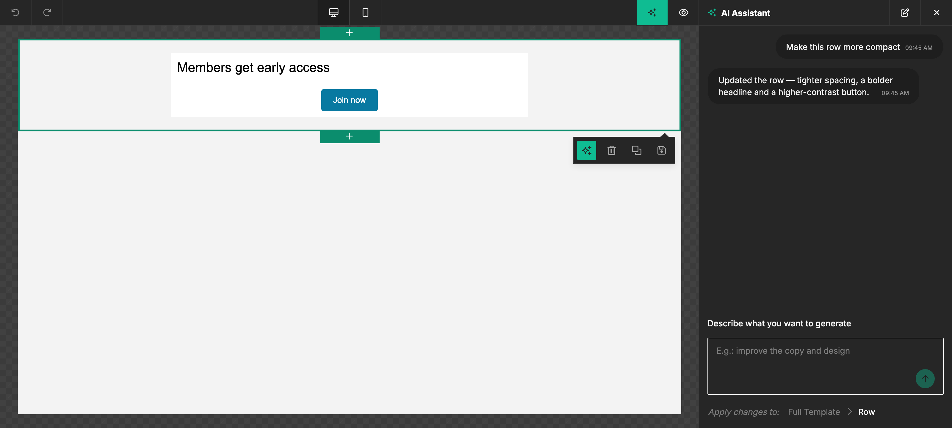 A row selected on the canvas with the layer-control popover and Sparkles button, and the AI Assistant chat on the right scoped to the row