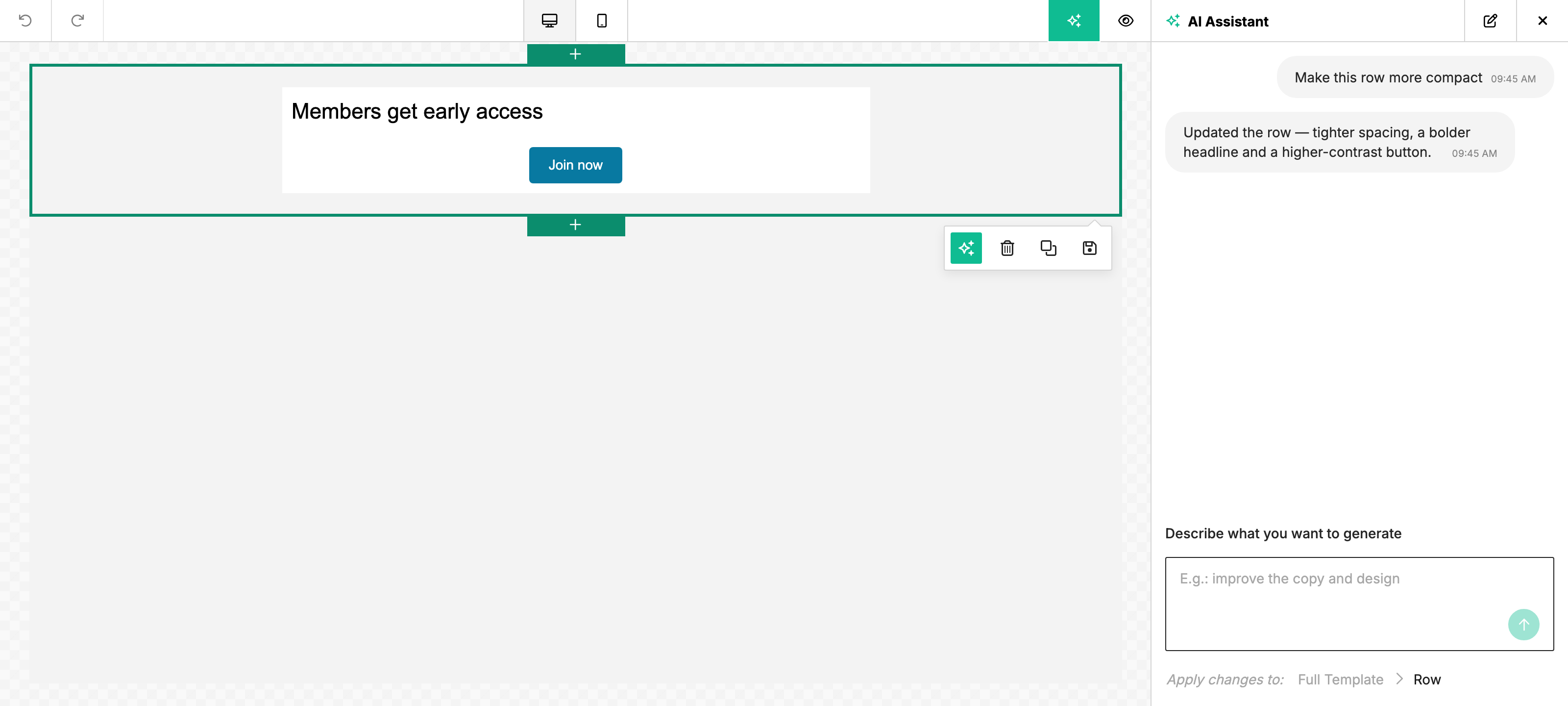 A row selected on the canvas with the layer-control popover and Sparkles button, and the AI Assistant chat on the right scoped to the row