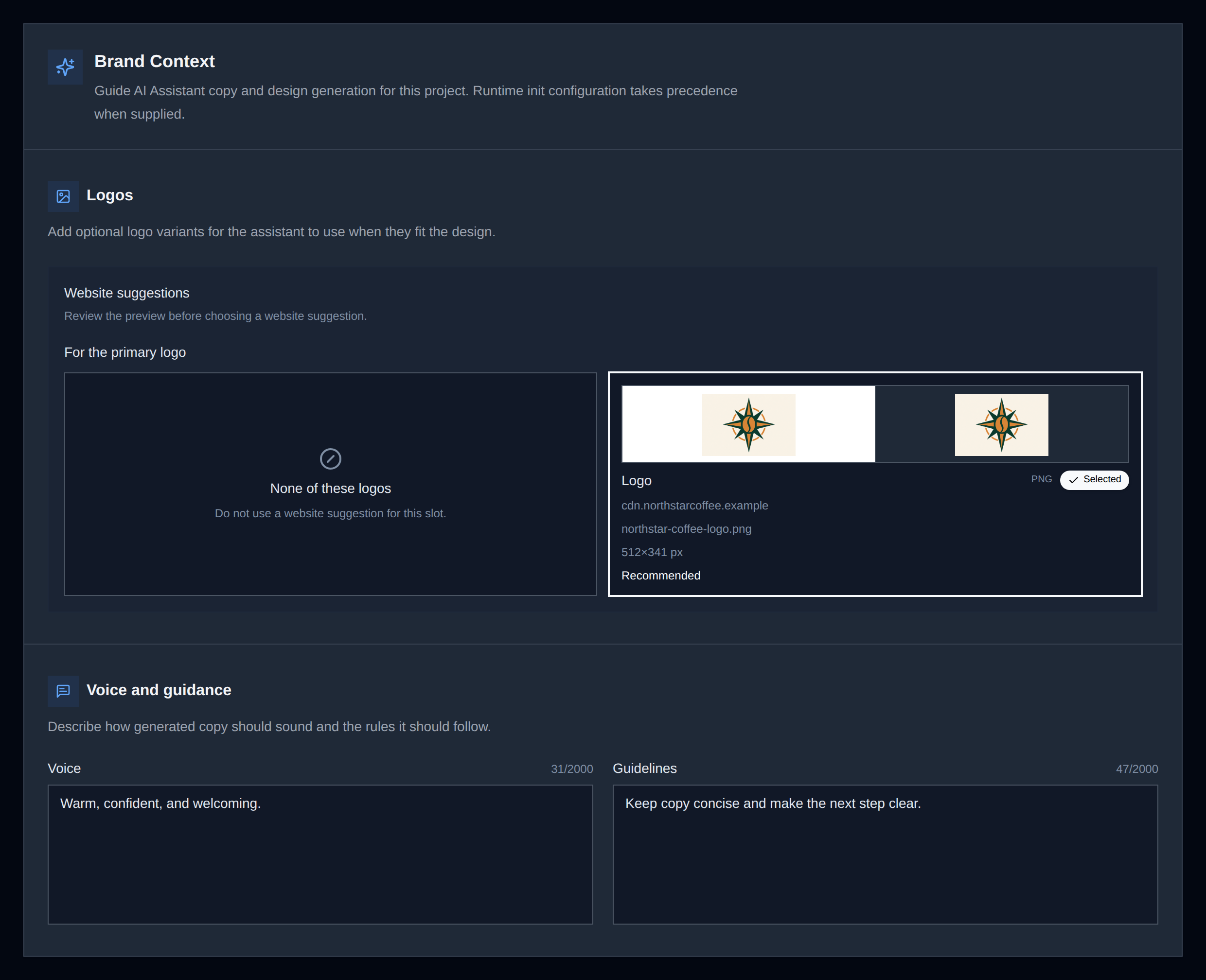 Brand Context logo and voice settings in Unlayer Console