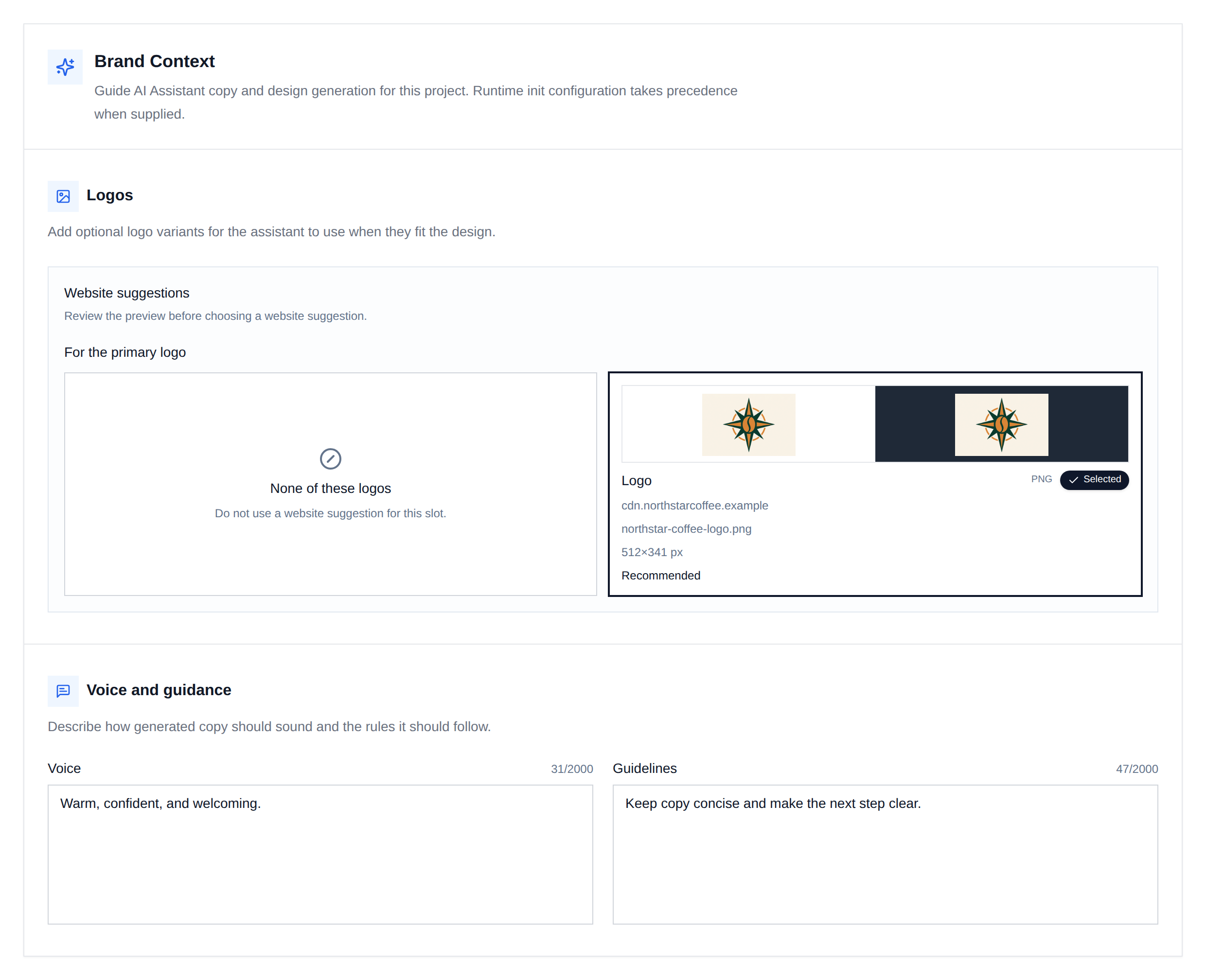 Brand Context logo and voice settings in Unlayer Console