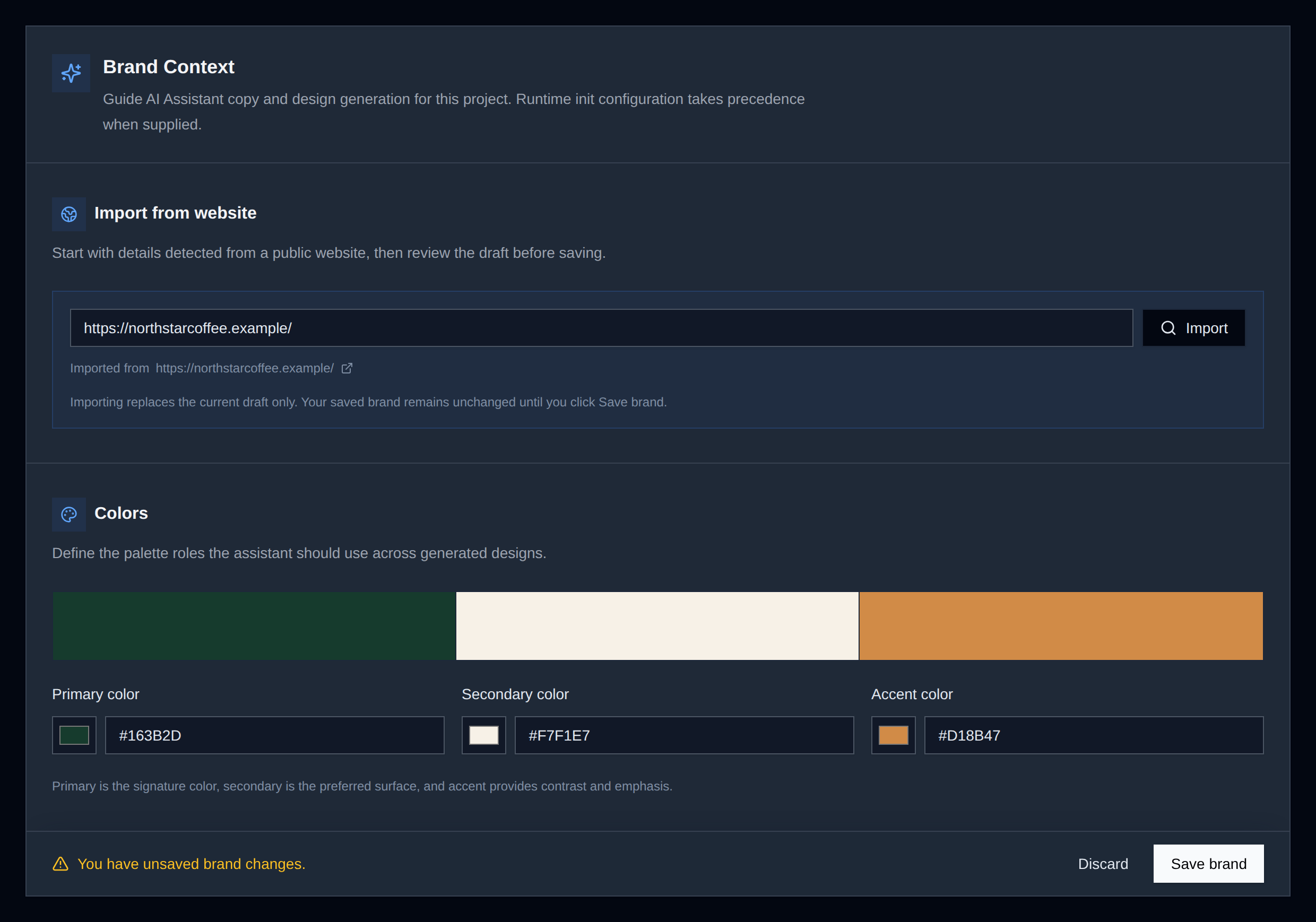 Brand Context settings in Unlayer Console with an imported Northstar Coffee website and detected colors ready to review