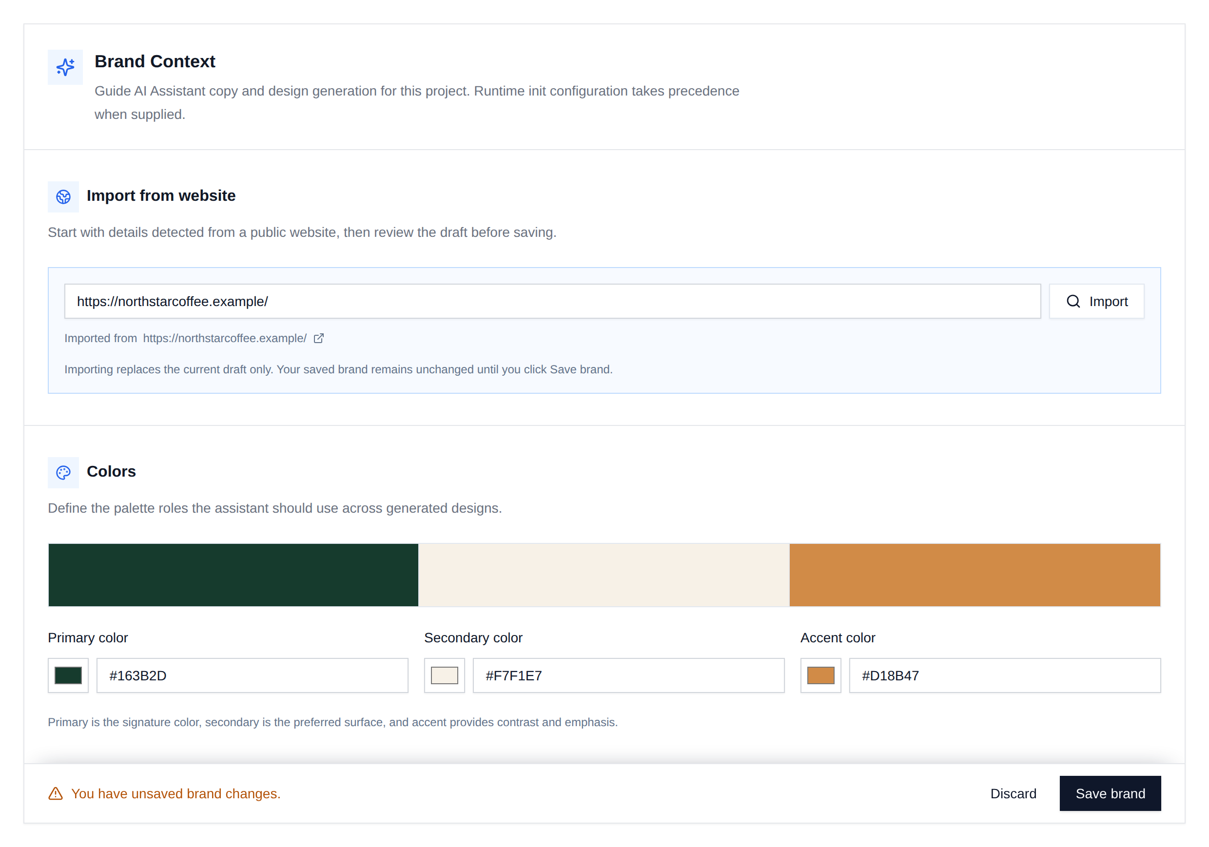 Brand Context settings in Unlayer Console with an imported Northstar Coffee website and detected colors ready to review