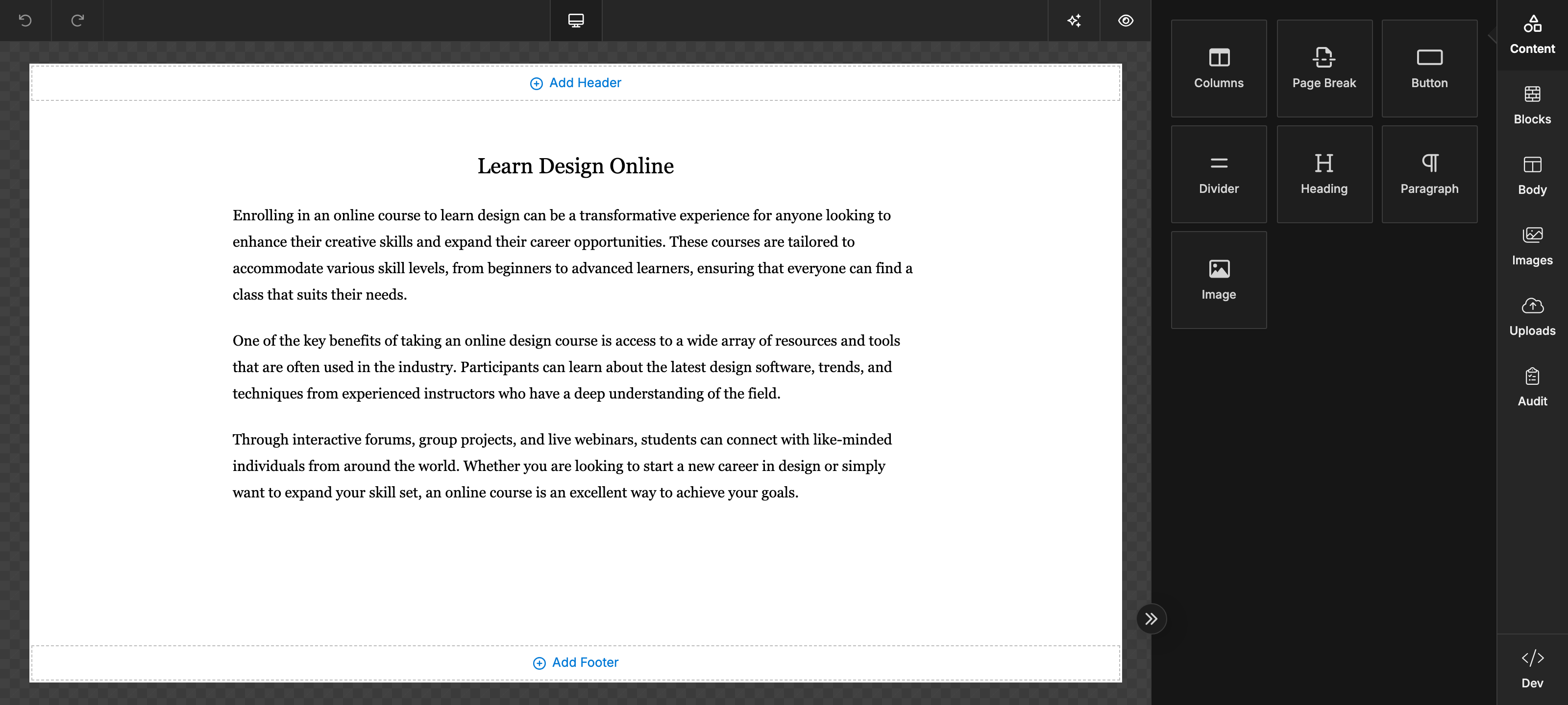 The Unlayer document builder — tools panel, toolbar and an article document on the canvas