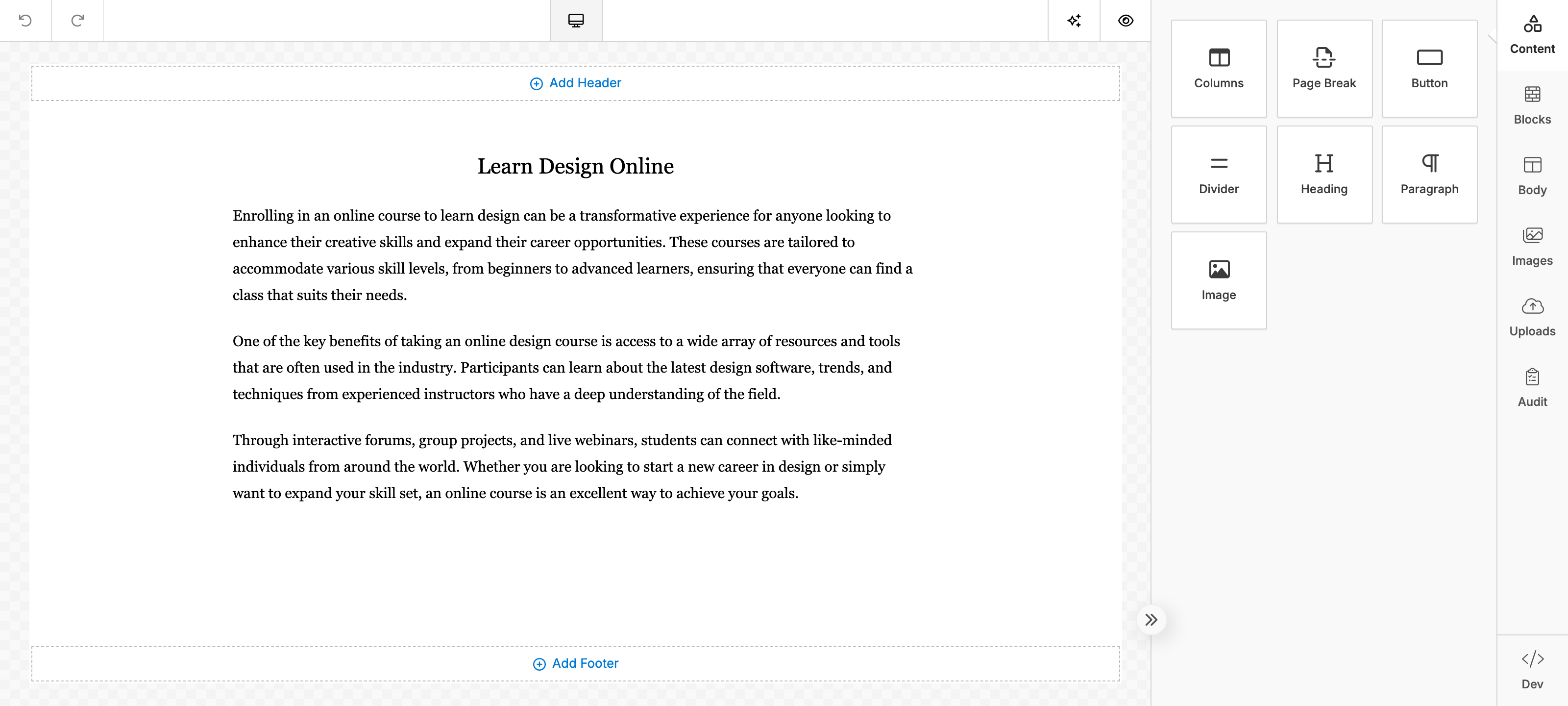The Unlayer document builder — tools panel, toolbar and an article document on the canvas