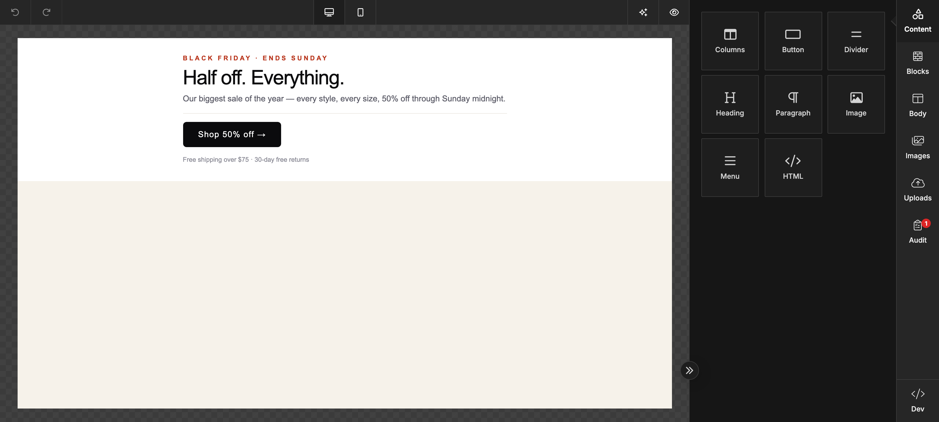 The Unlayer email builder — tools panel, toolbar and a Black Friday email on the canvas