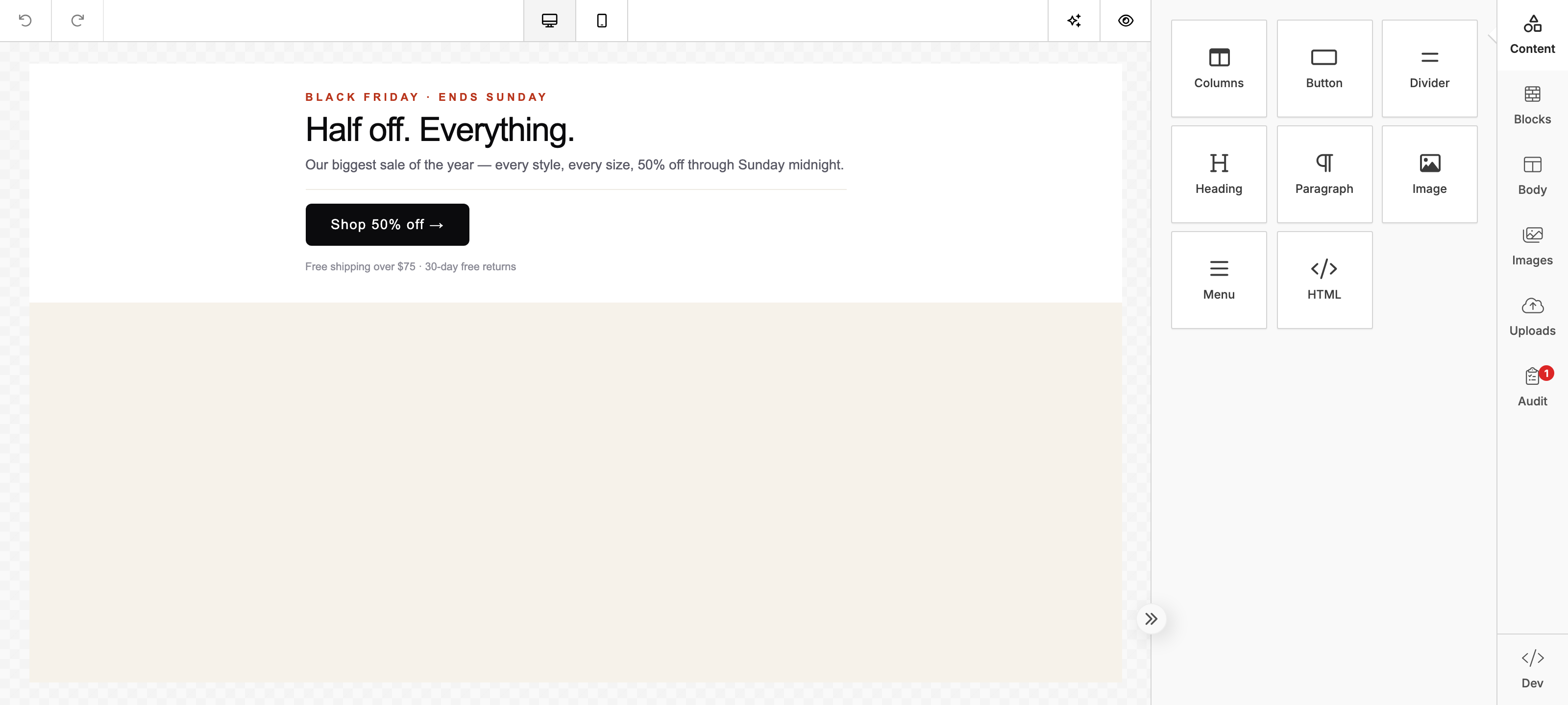 The Unlayer email builder — tools panel, toolbar and a Black Friday email on the canvas