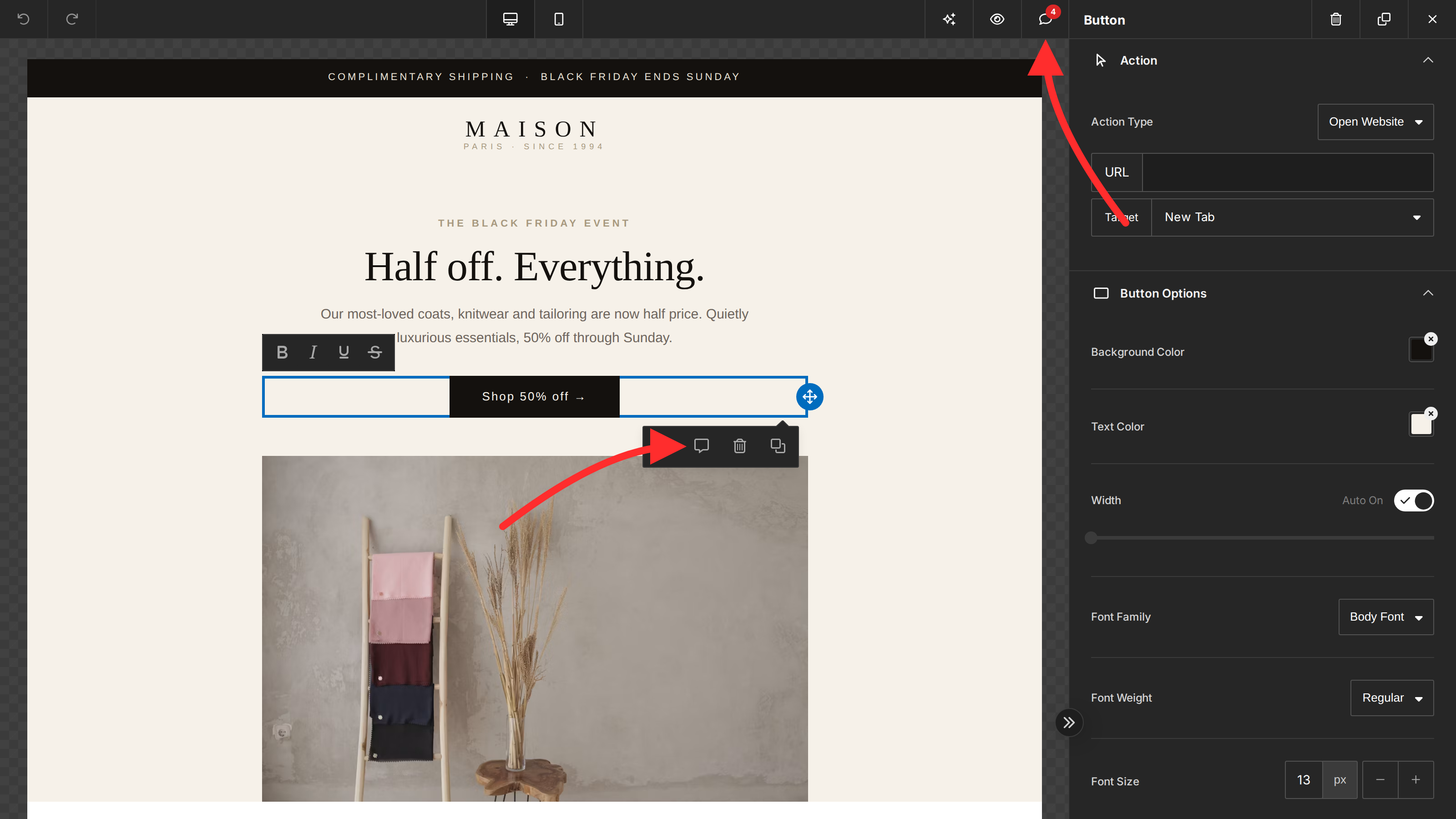 The builder with two red arrows — one pointing at the Comments button in the top action bar, and one at the comment button on the selected component’s layer toolbar — the two ways to start a comment