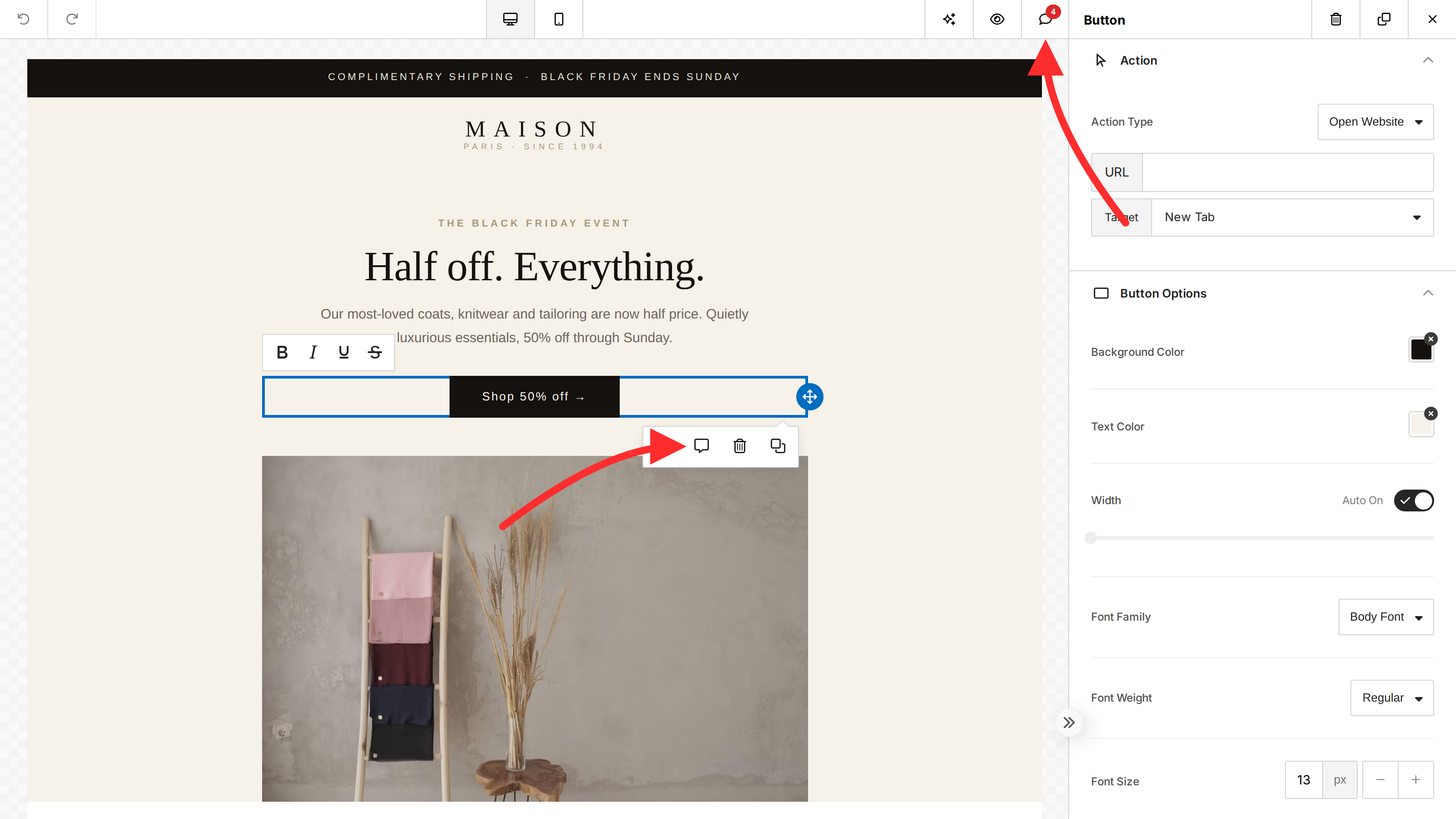 The builder with two red arrows — one pointing at the Comments button in the top action bar, and one at the comment button on the selected component’s layer toolbar — the two ways to start a comment