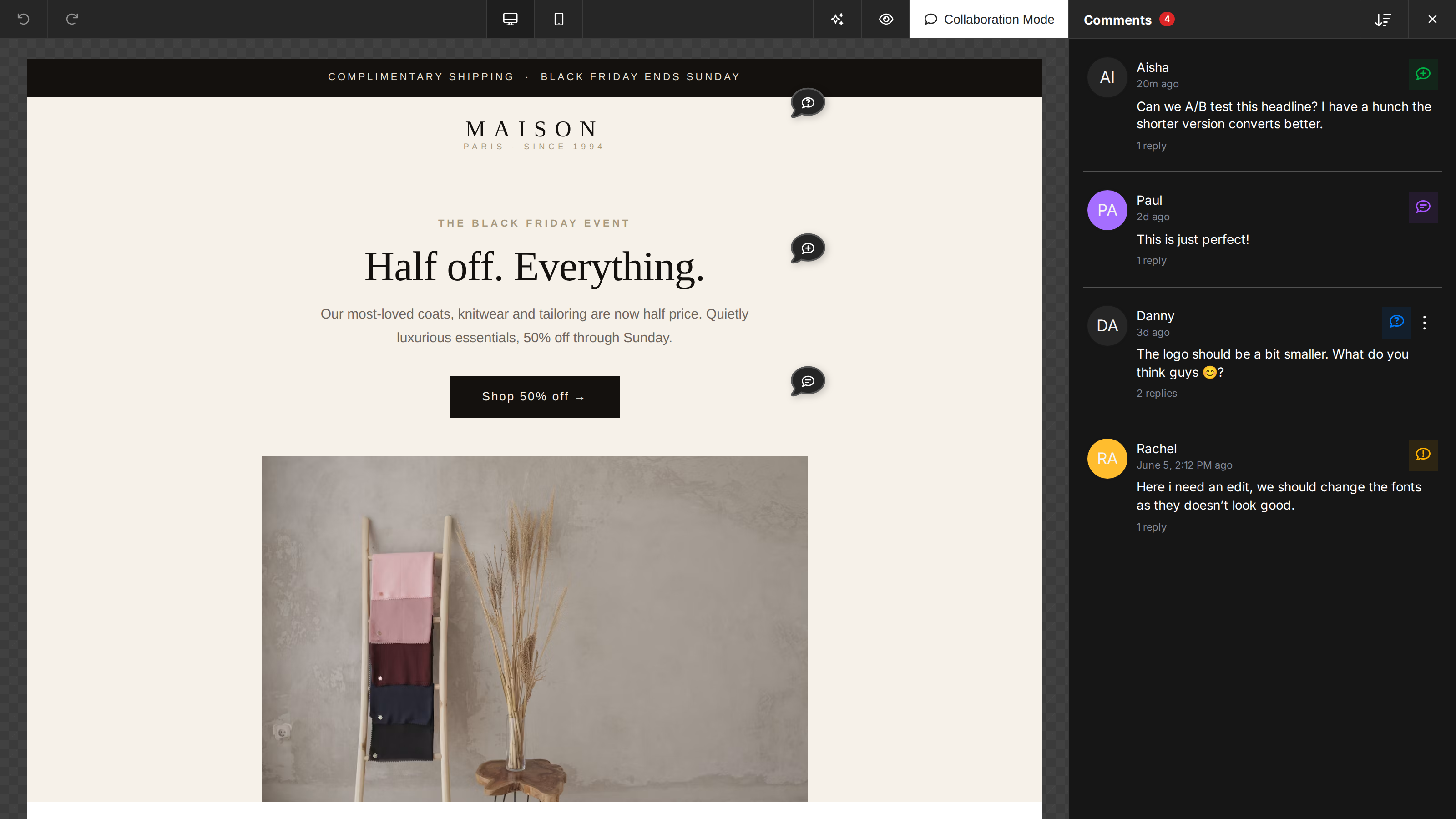 The builder in Collaboration Mode: comment markers pinned to design components and the Comments panel listing open threads
