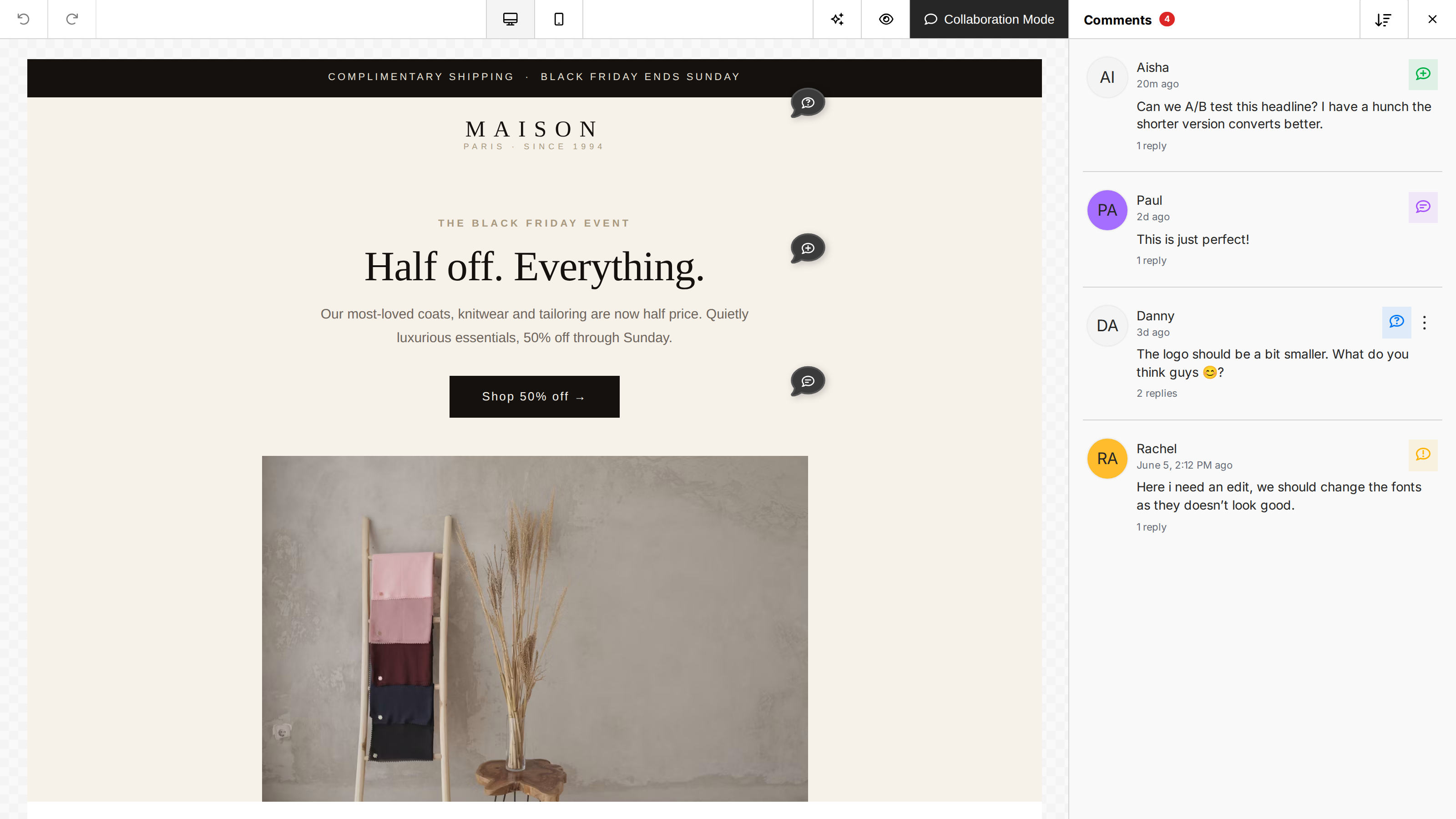 The builder in Collaboration Mode: comment markers pinned to design components and the Comments panel listing open threads