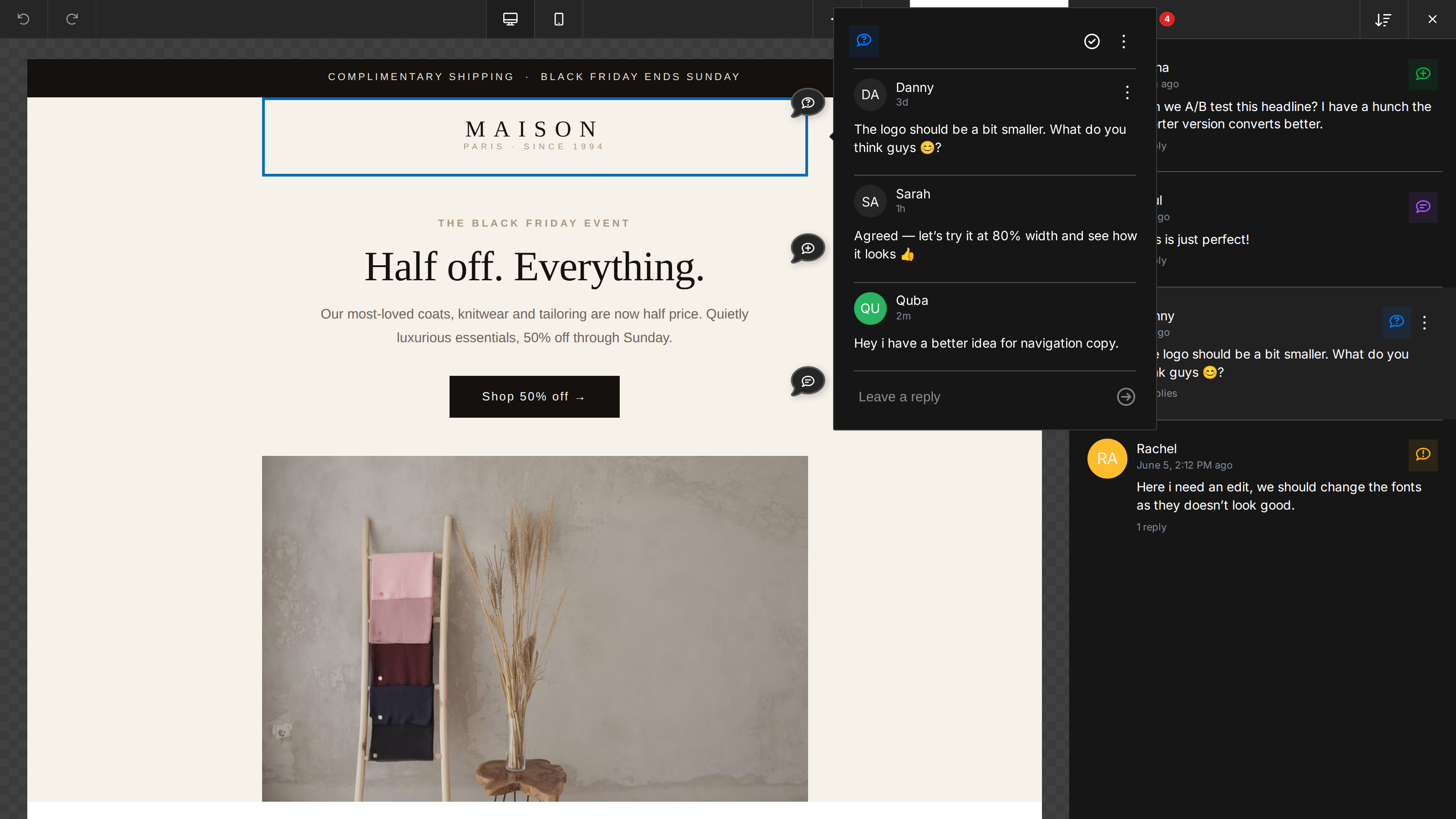 An open thread popover showing the conversation, a reply field, and the resolve button