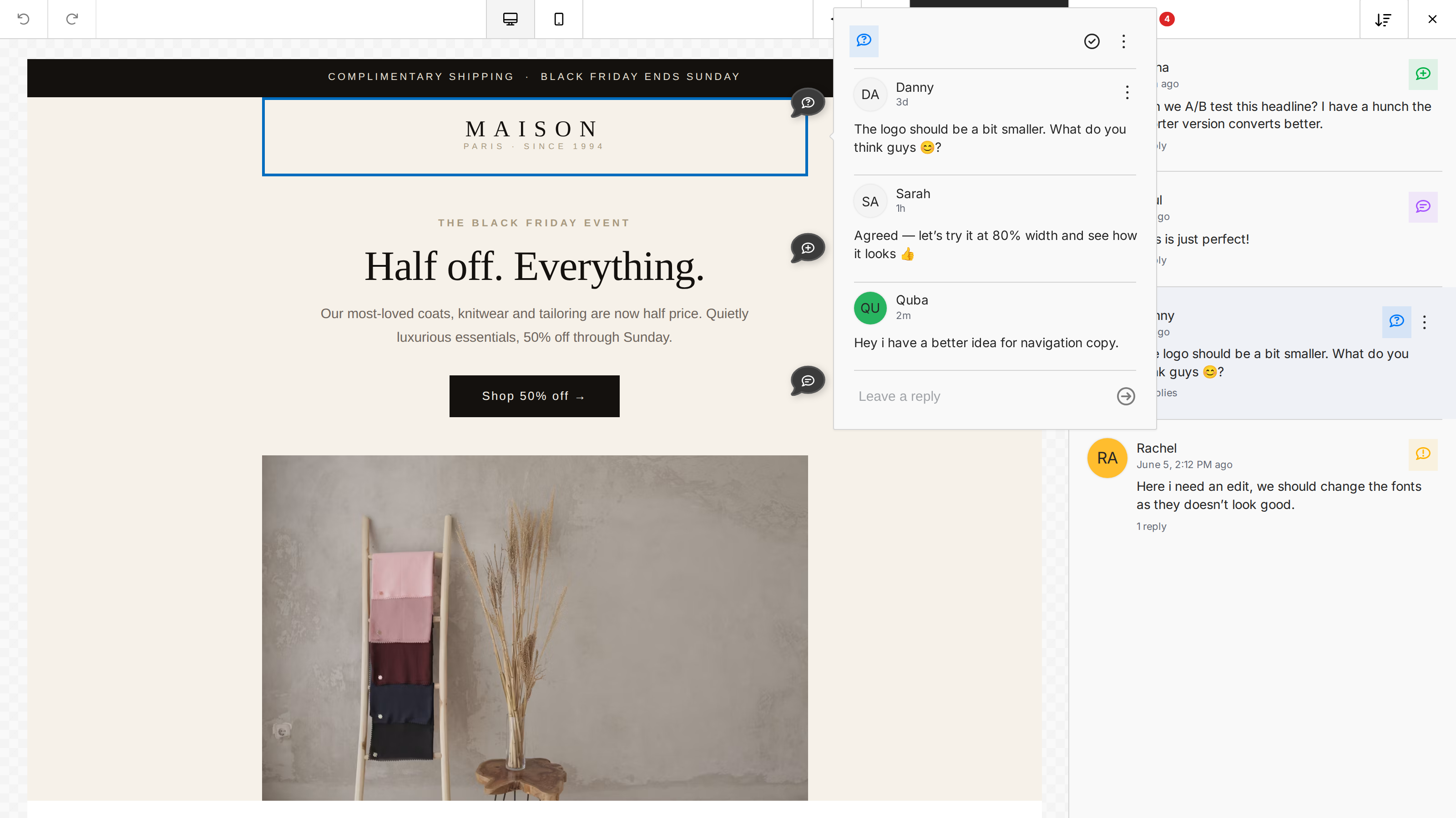 An open thread popover showing the conversation, a reply field, and the resolve button