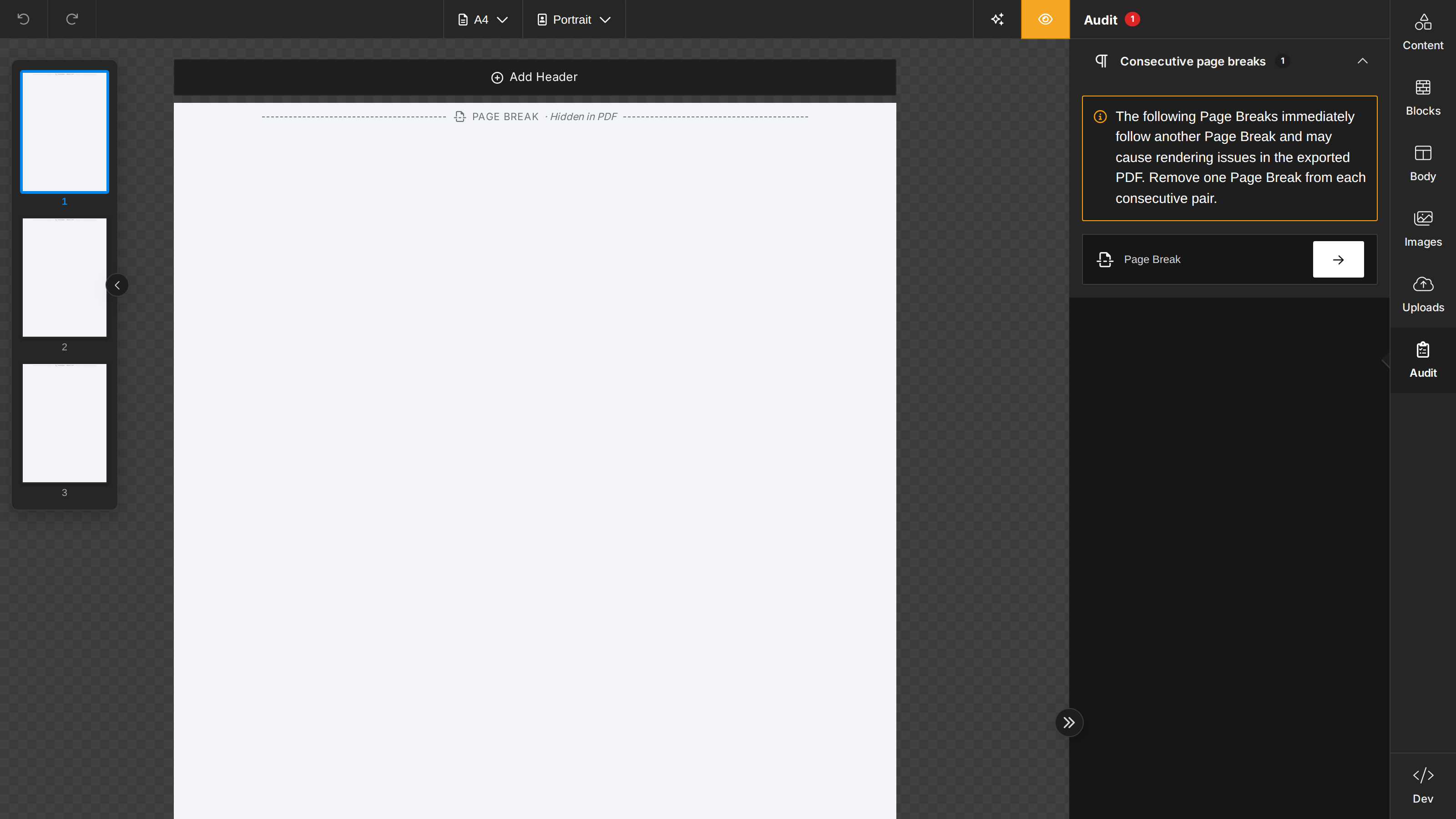 The document builder Audit tab warning about consecutive Page Breaks in separate rows