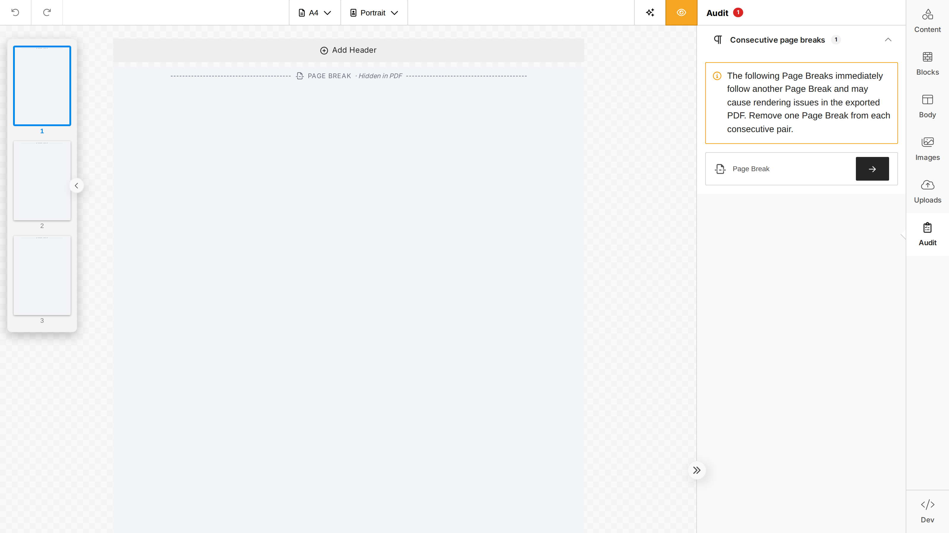The document builder Audit tab warning about consecutive Page Breaks in separate rows