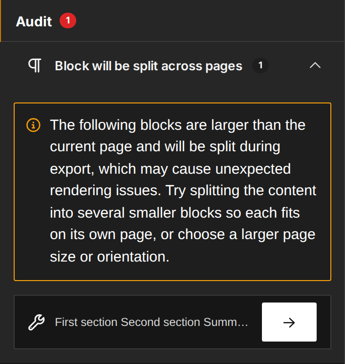 The document builder Audit tab warning that an oversized two-column row will be split across PDF pages