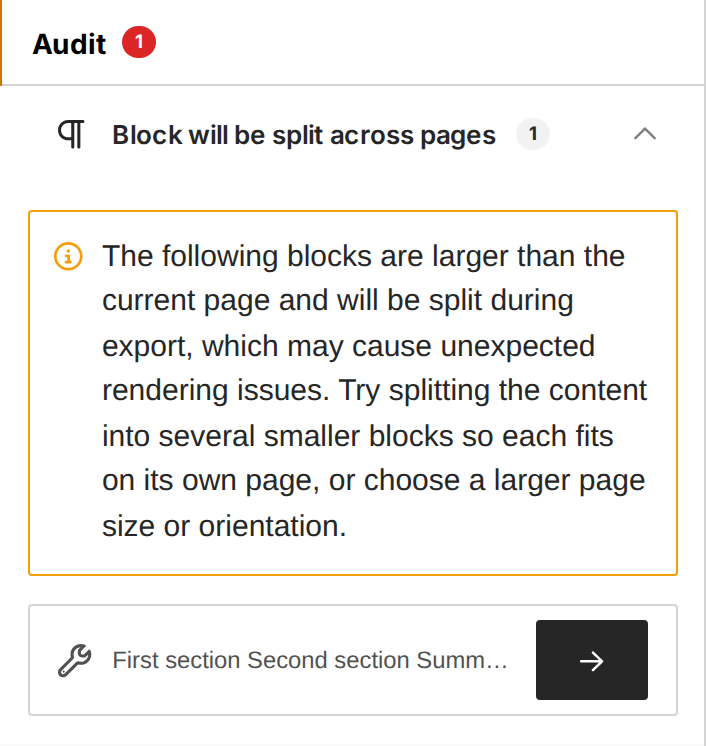 The document builder Audit tab warning that an oversized two-column row will be split across PDF pages