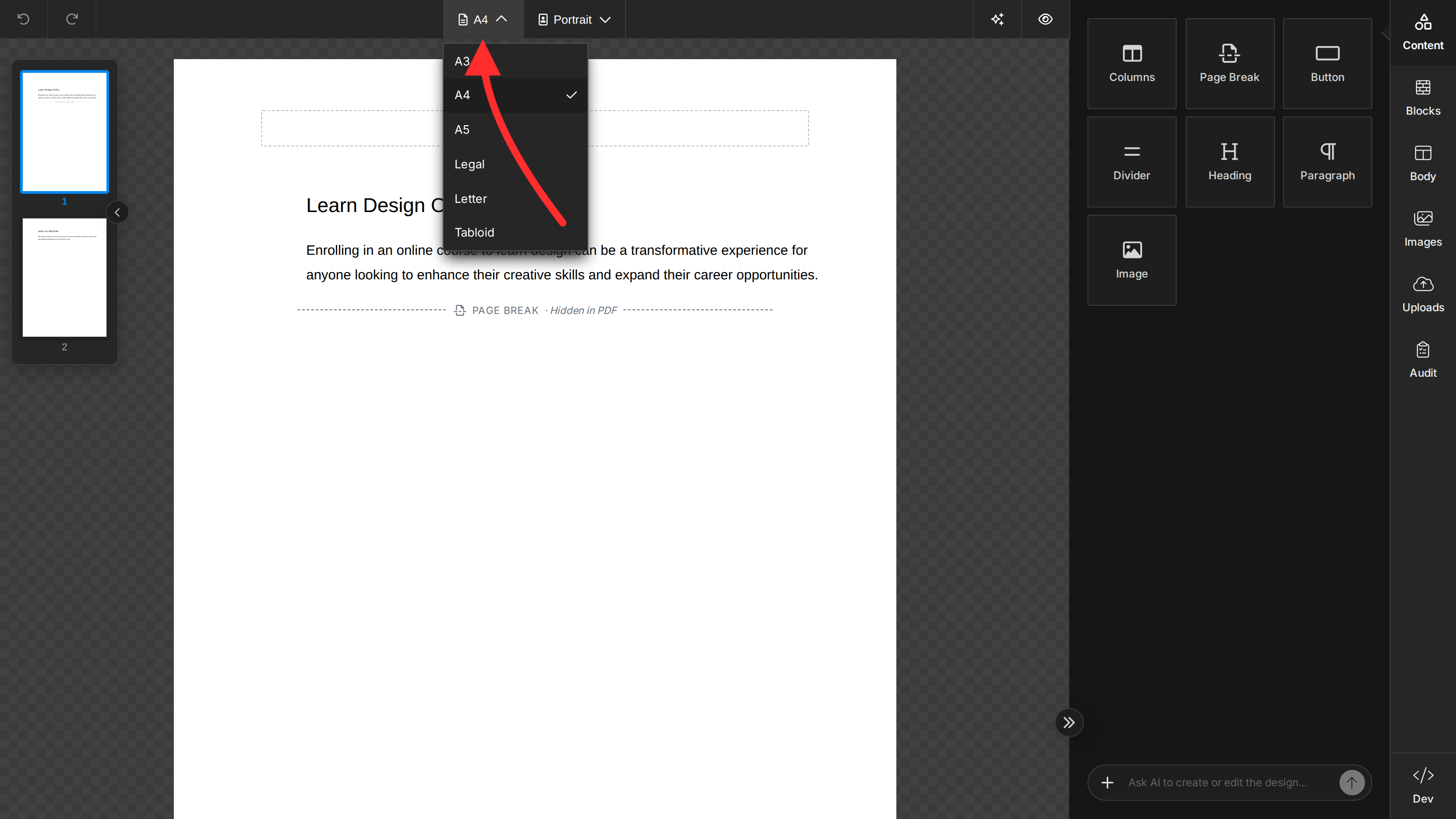 The document builder toolbar with the page-size dropdown open, listing the available page formats alongside the orientation control
