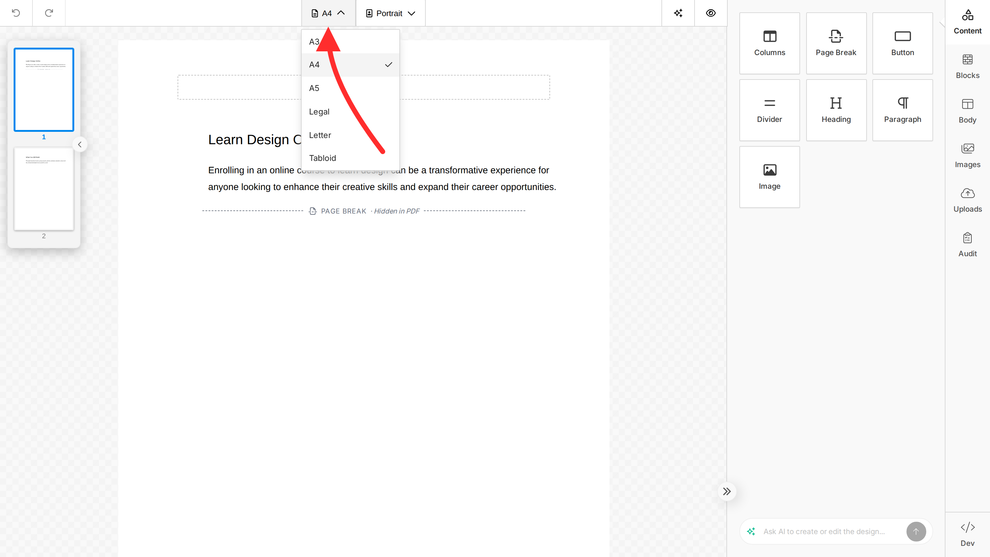 The document builder toolbar with the page-size dropdown open, listing the available page formats alongside the orientation control