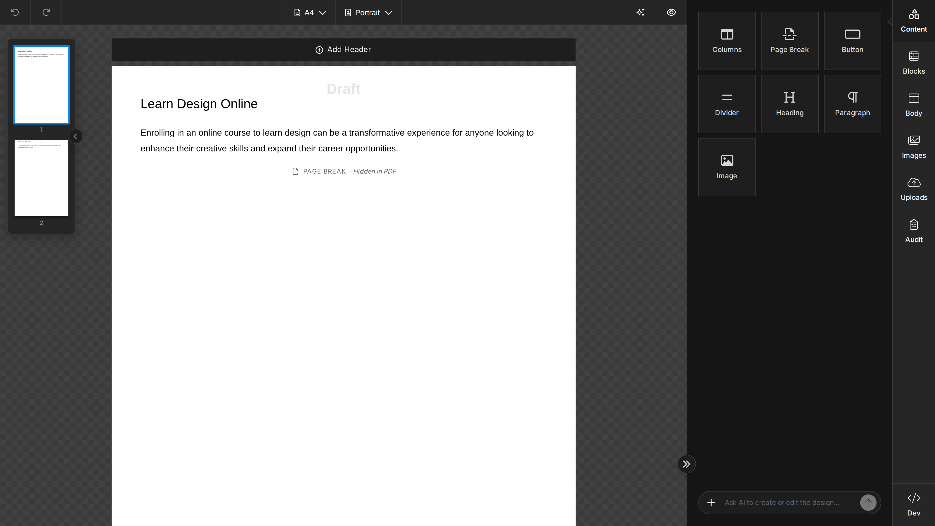 A two-page document in the editor with a gray "Draft" watermark along the top of each page on the canvas and in the minimap page thumbnails