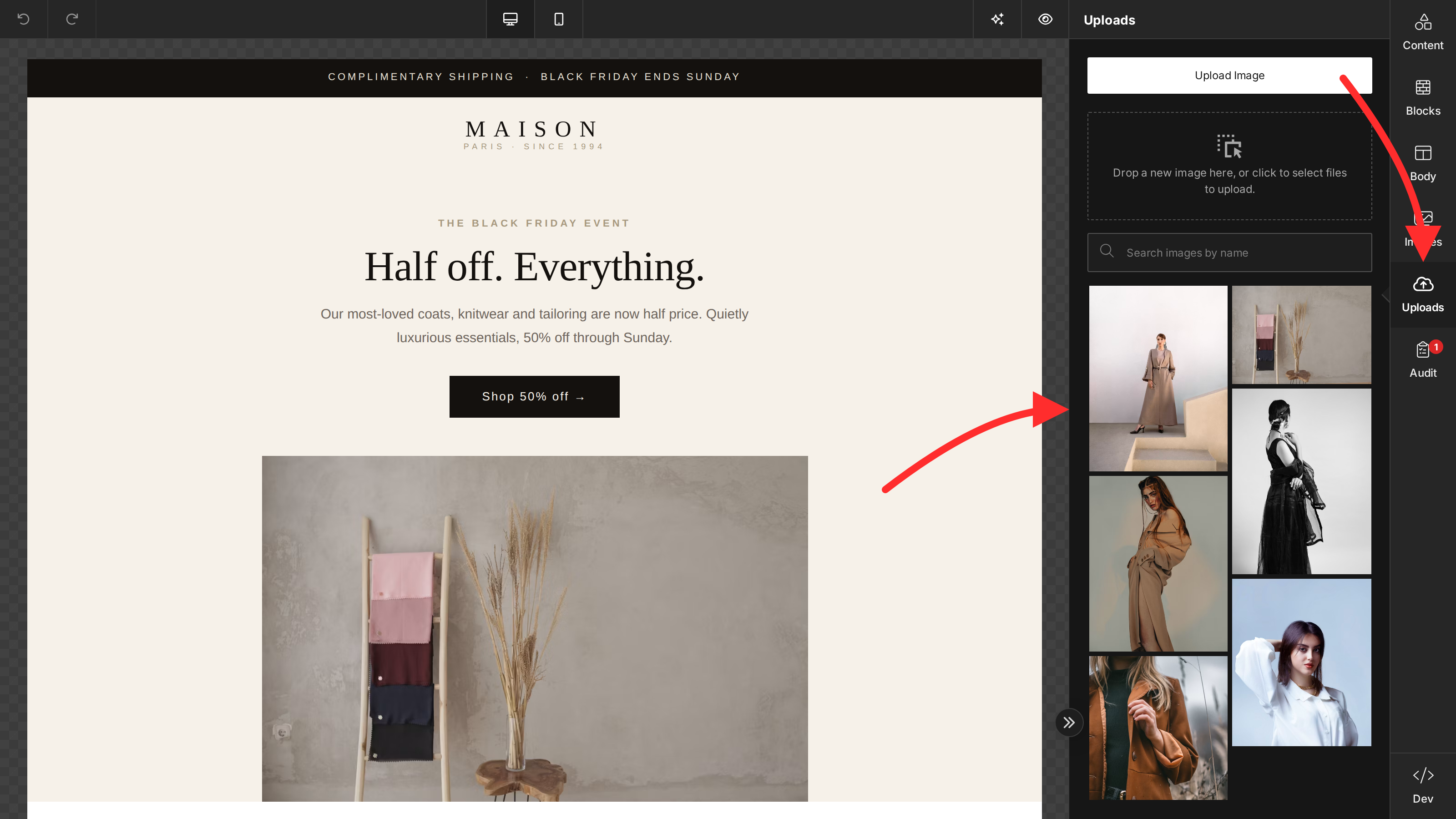 The builder Uploads tab open in the tools panel — an upload button and drop zone above a grid of previously uploaded images