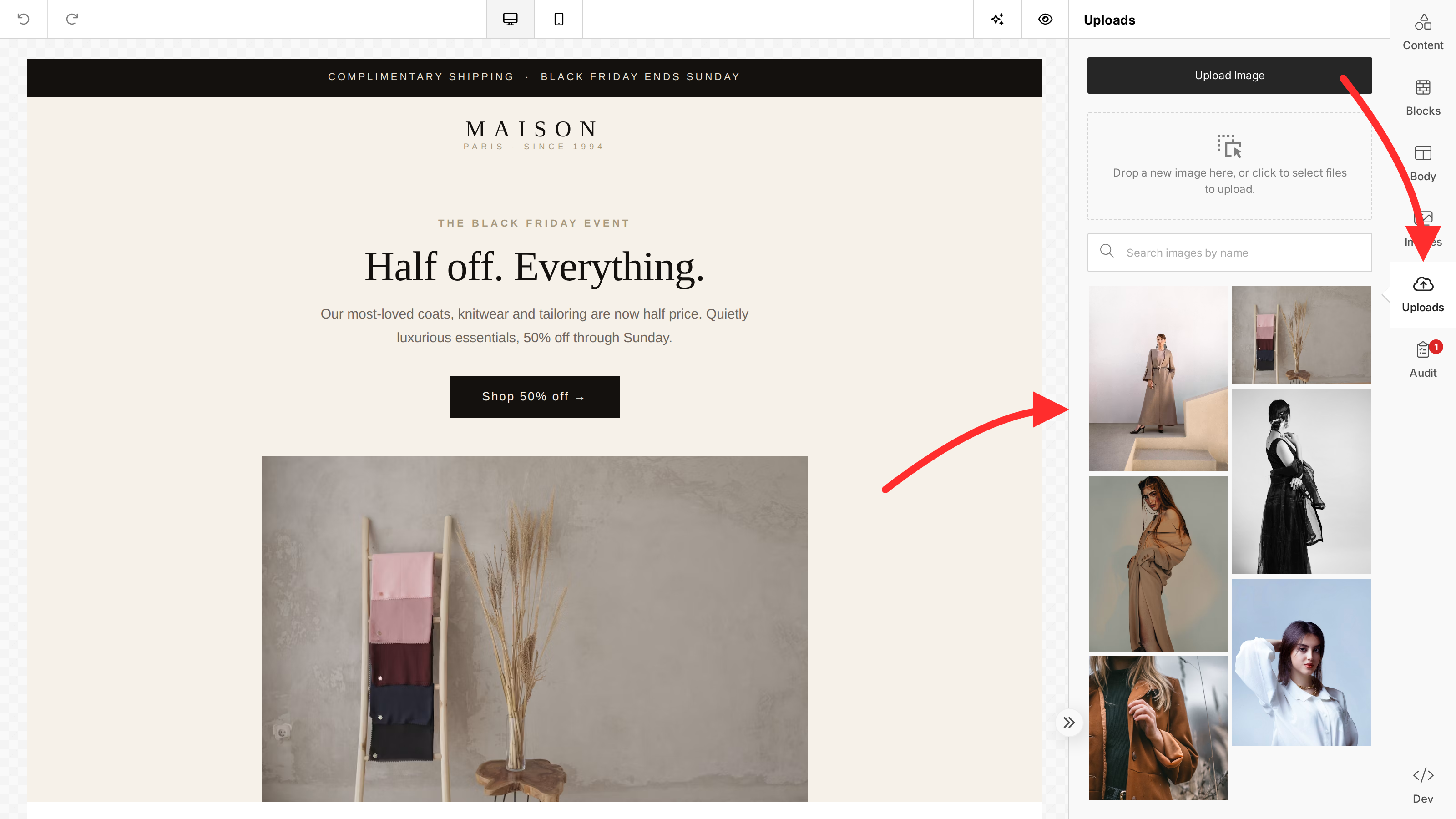 The builder Uploads tab open in the tools panel — an upload button and drop zone above a grid of previously uploaded images