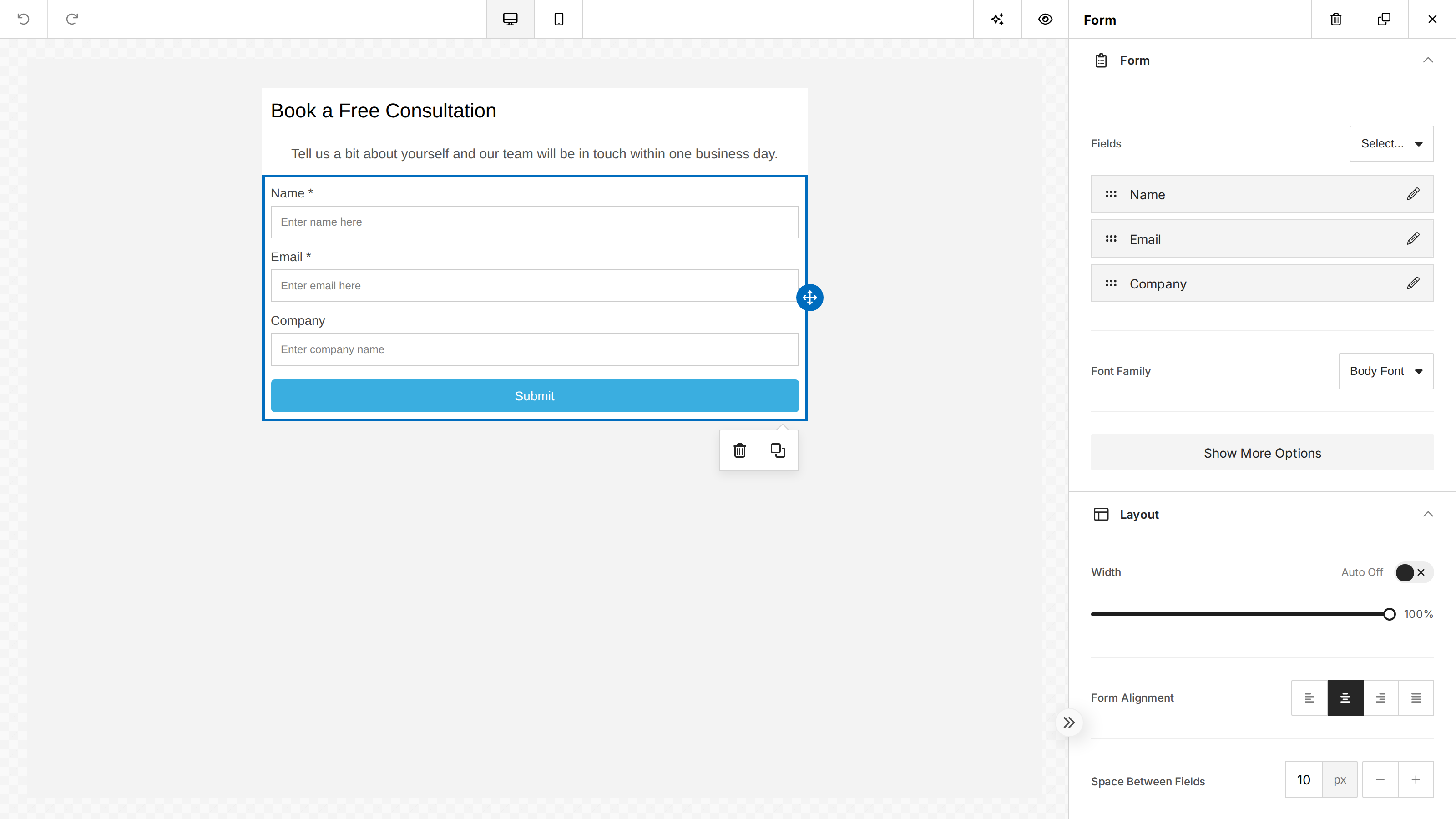 The Unlayer builder showing a Form content tool with name and email fields and a Subscribe button