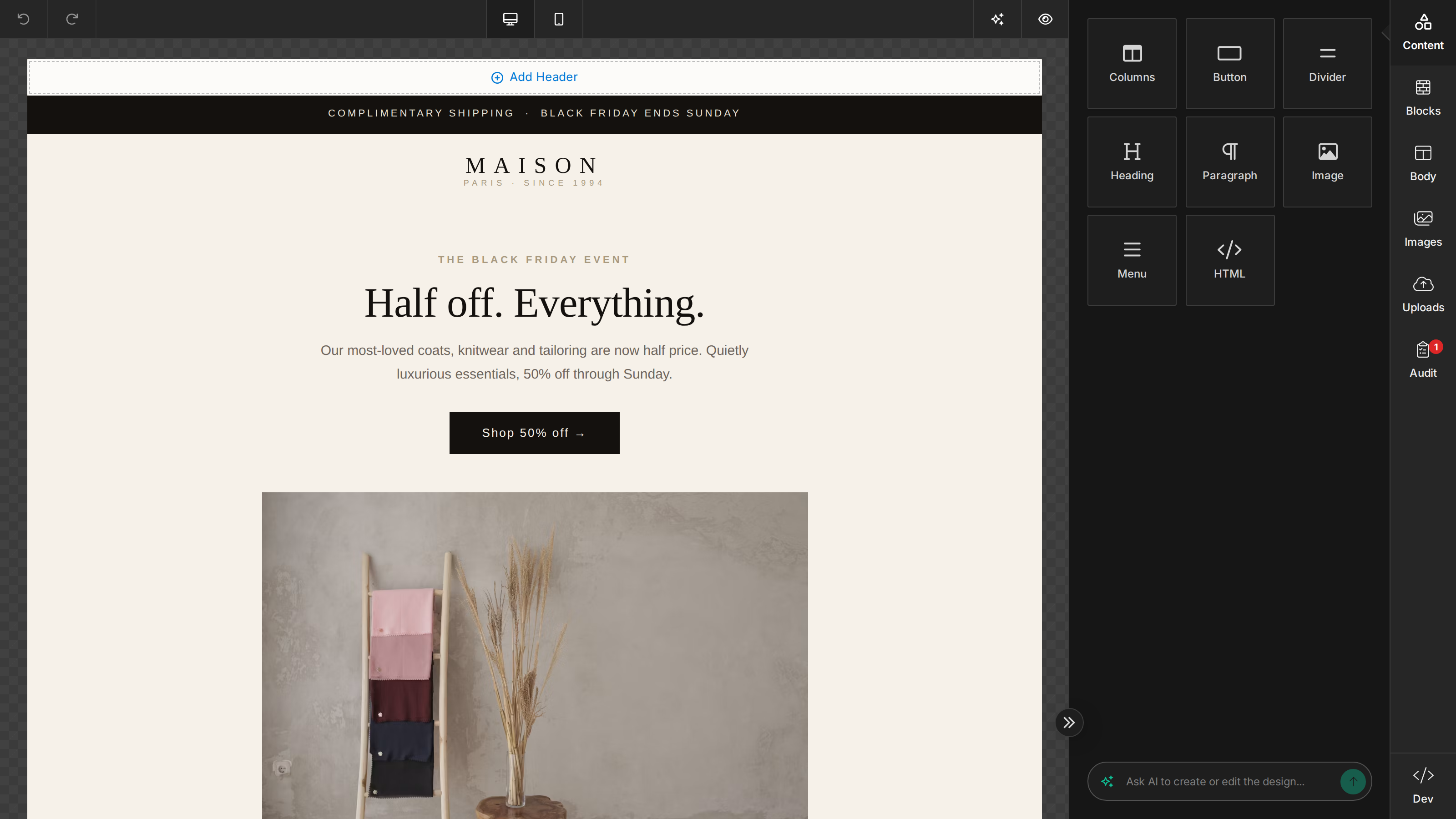 The builder with Header and Footer sections enabled — labeled areas at the top and bottom of the canvas around the editable content