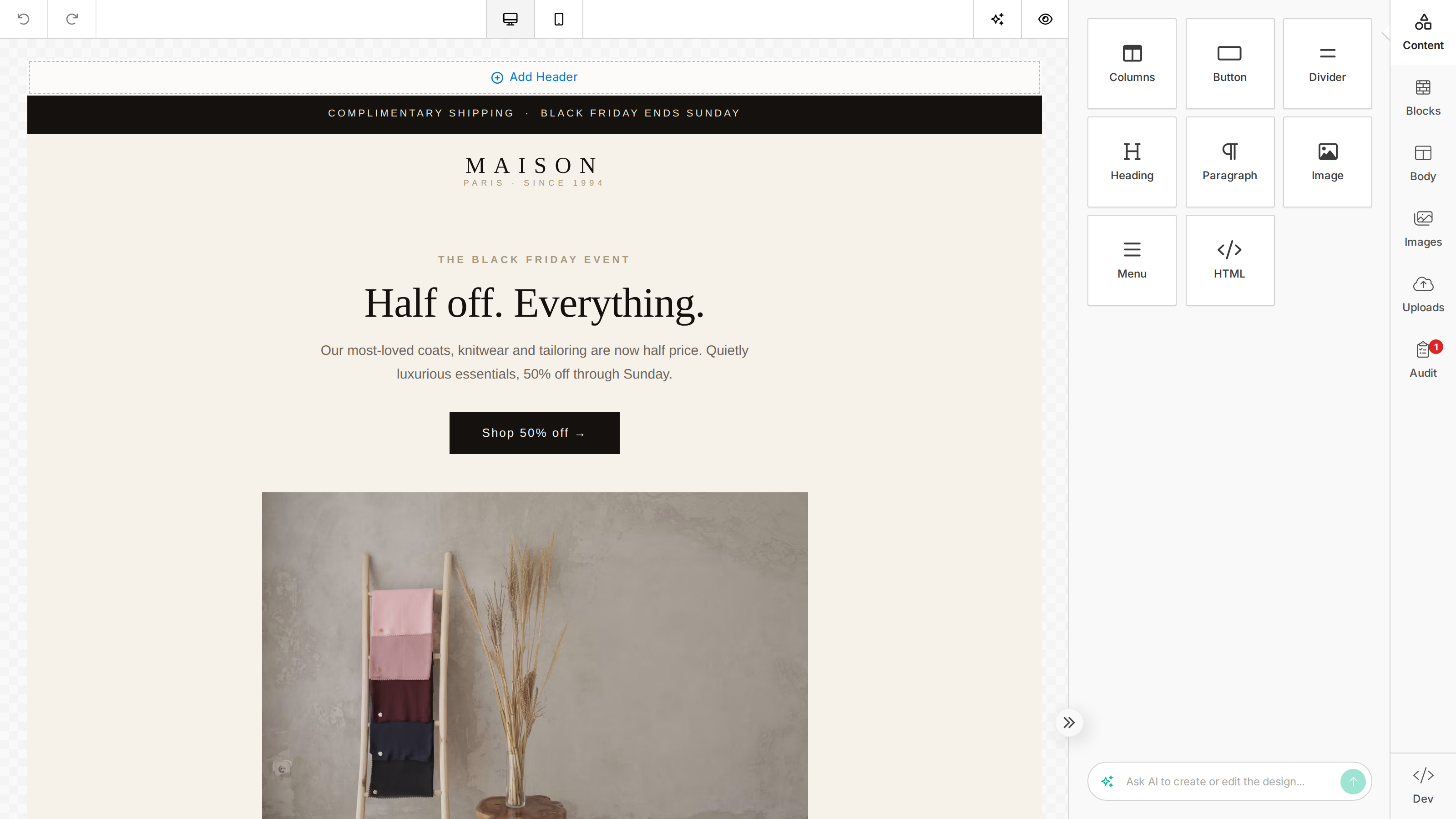 The builder with Header and Footer sections enabled — labeled areas at the top and bottom of the canvas around the editable content