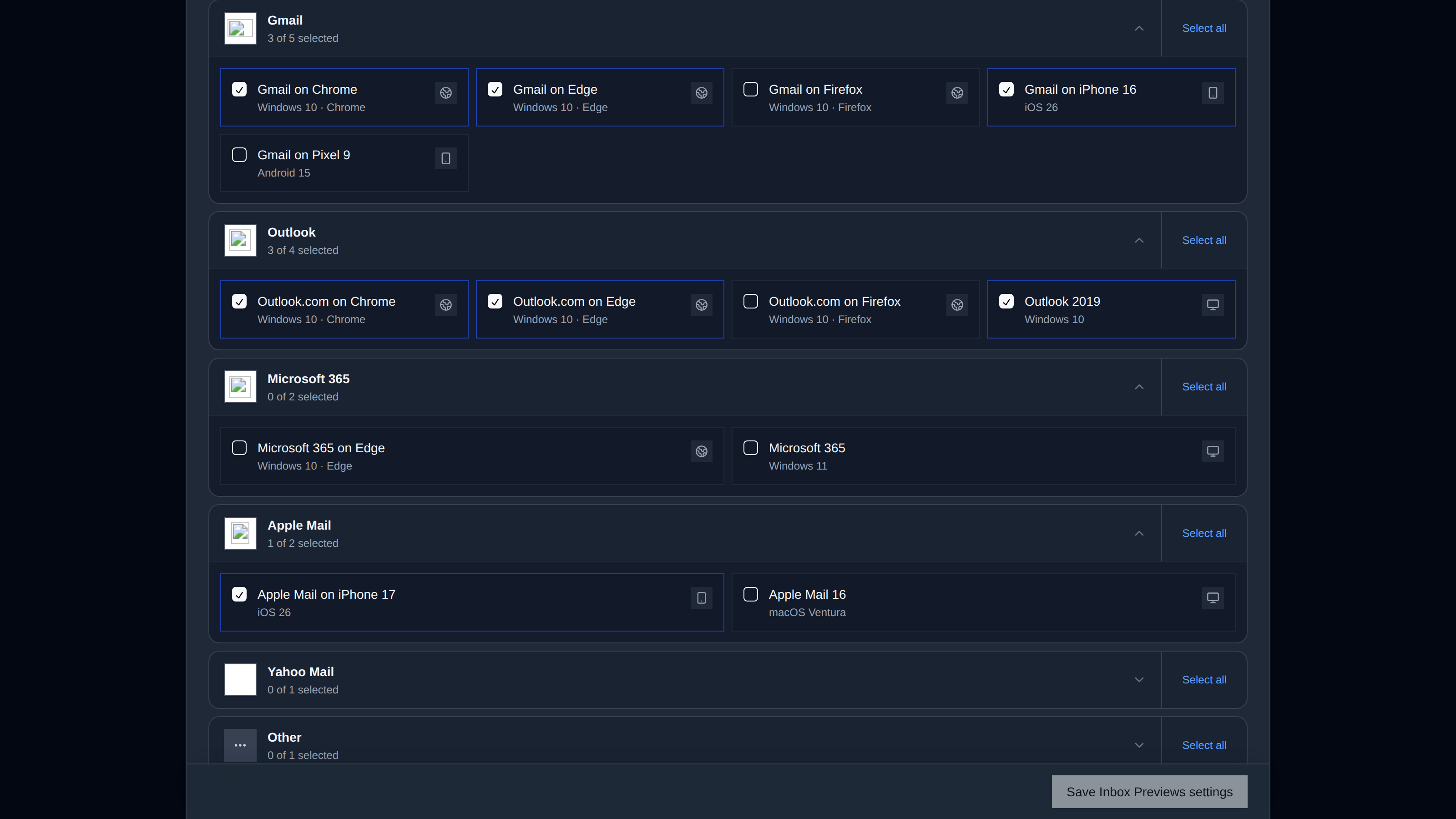 Inbox Previews email-client and data-region settings in Unlayer Console