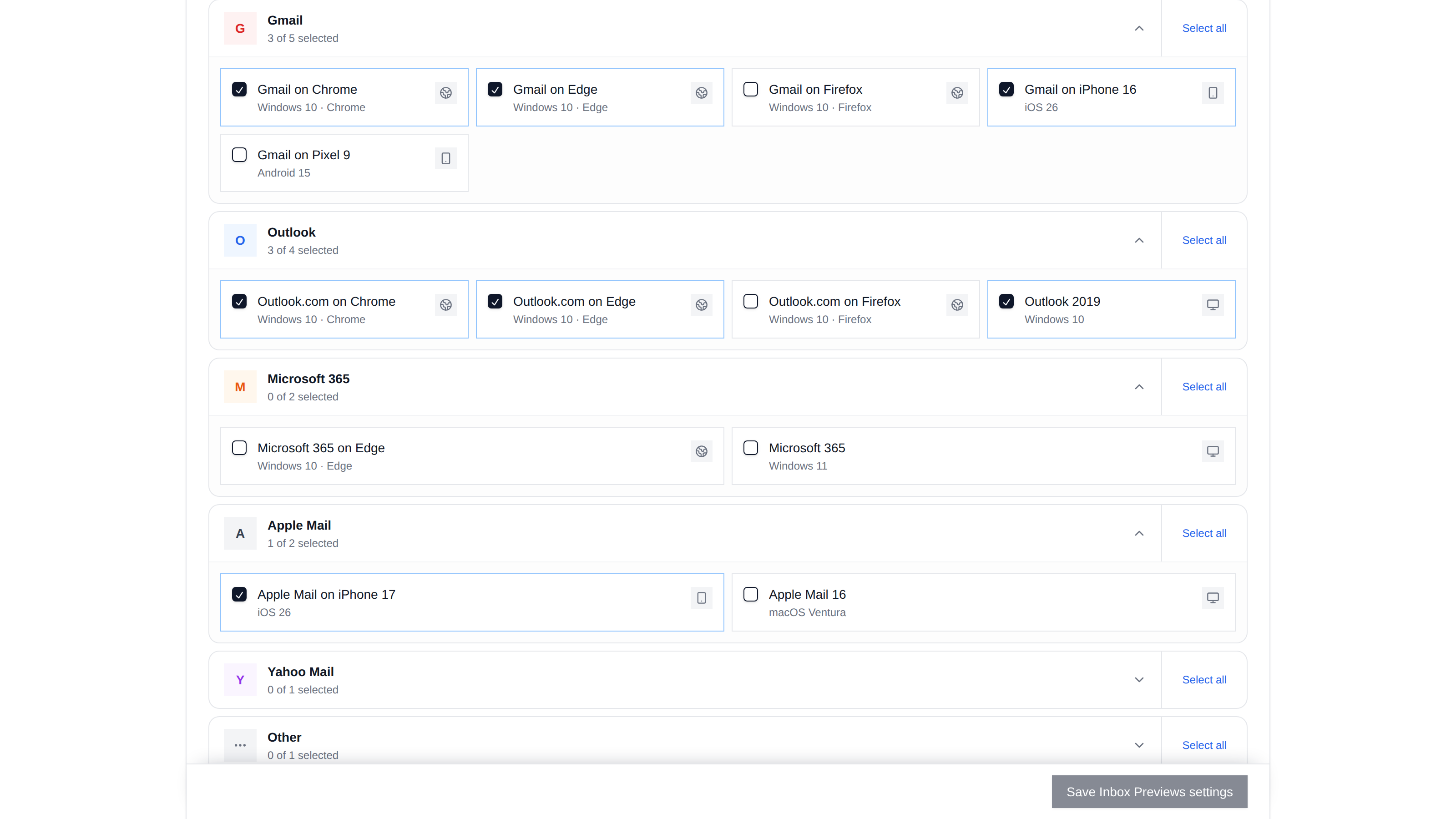 Inbox Previews email-client and data-region settings in Unlayer Console