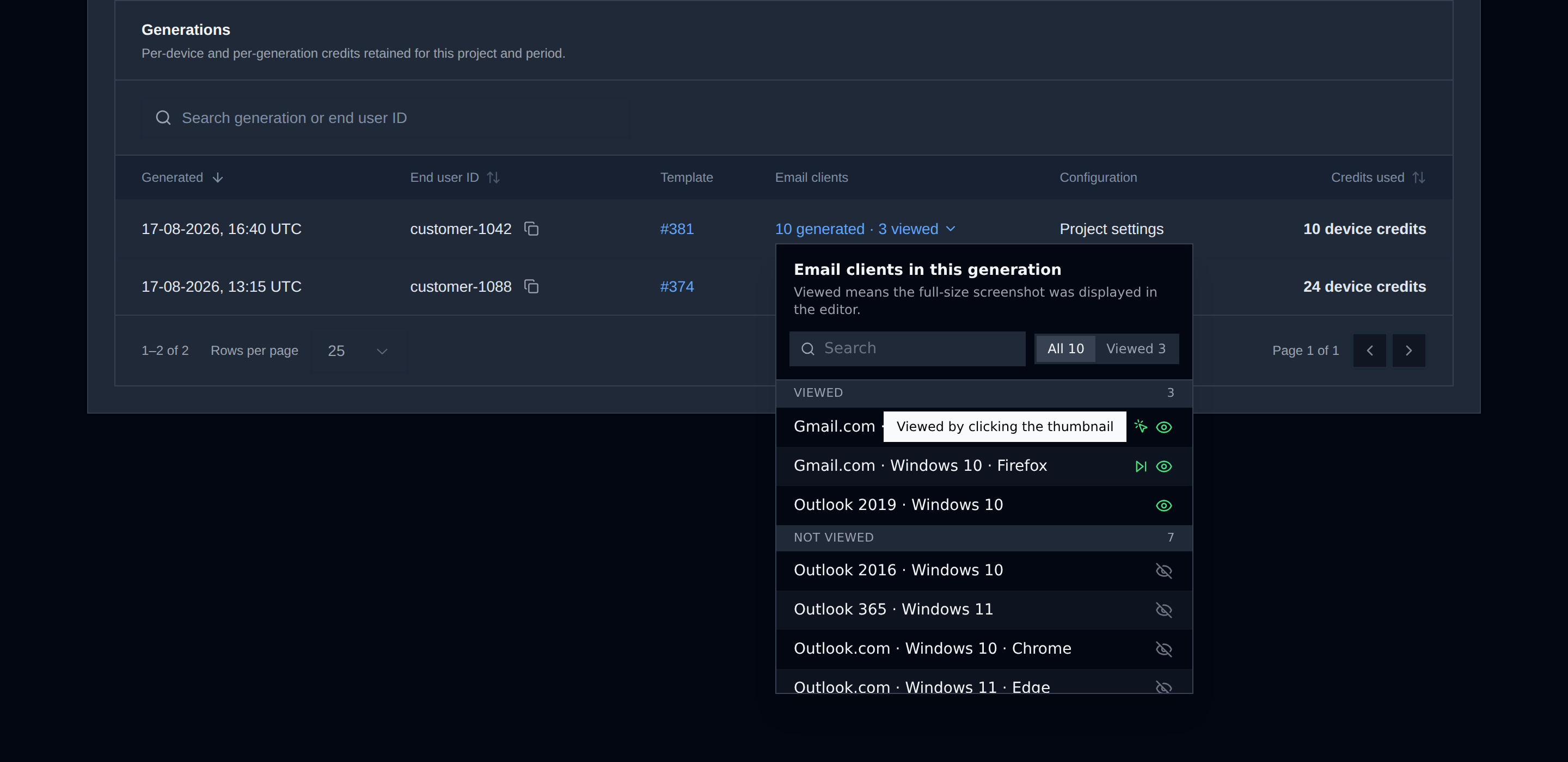 Email clients of one Inbox Previews generation in the Unlayer Console usage report, viewed clients listed first with search and an All or Viewed filter
