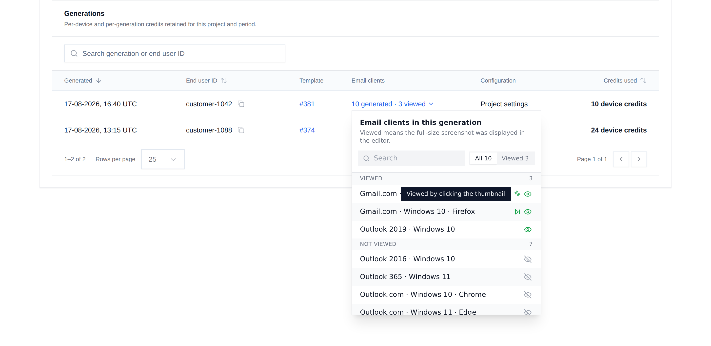 Email clients of one Inbox Previews generation in the Unlayer Console usage report, viewed clients listed first with search and an All or Viewed filter