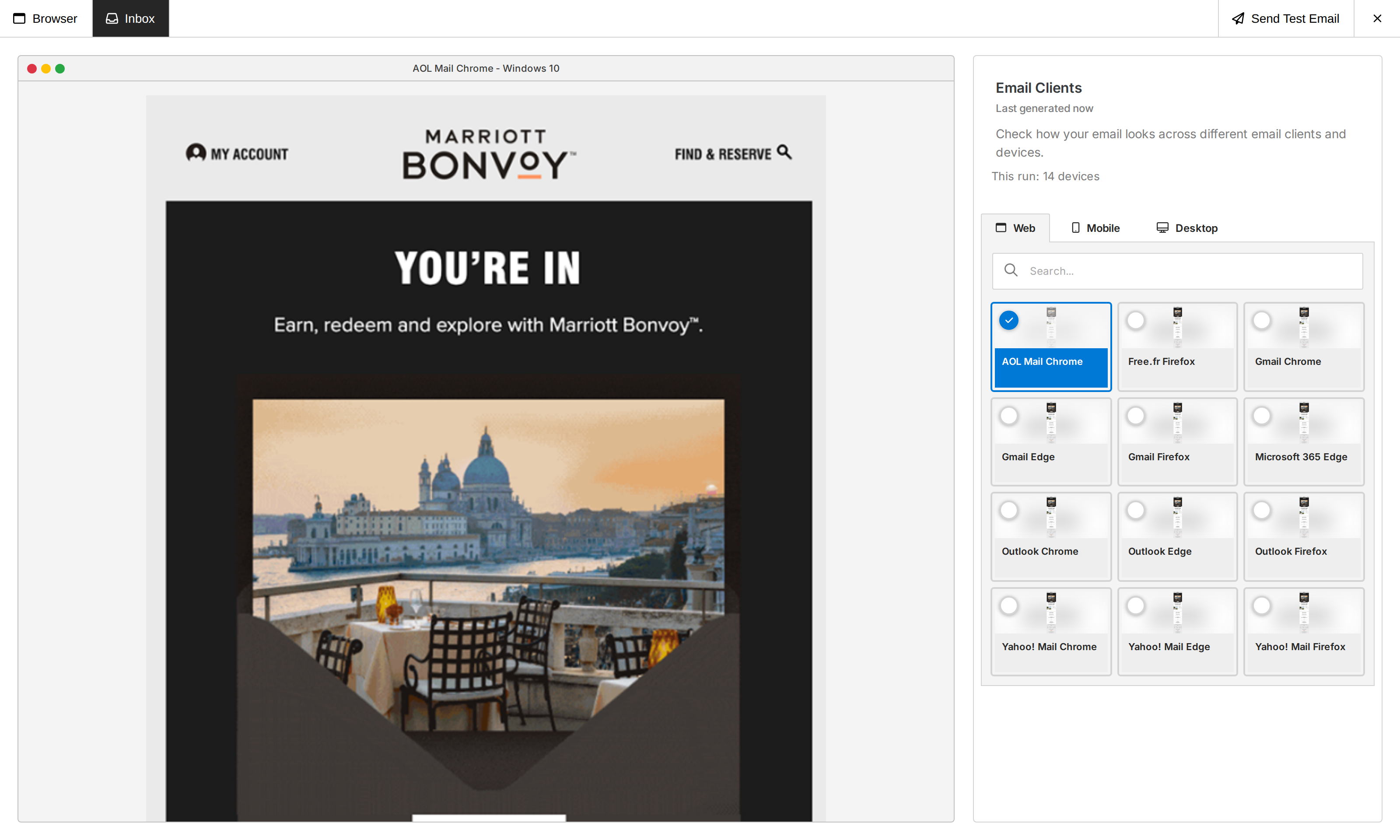 Generated Inbox Previews displayed across multiple email clients in the email builder