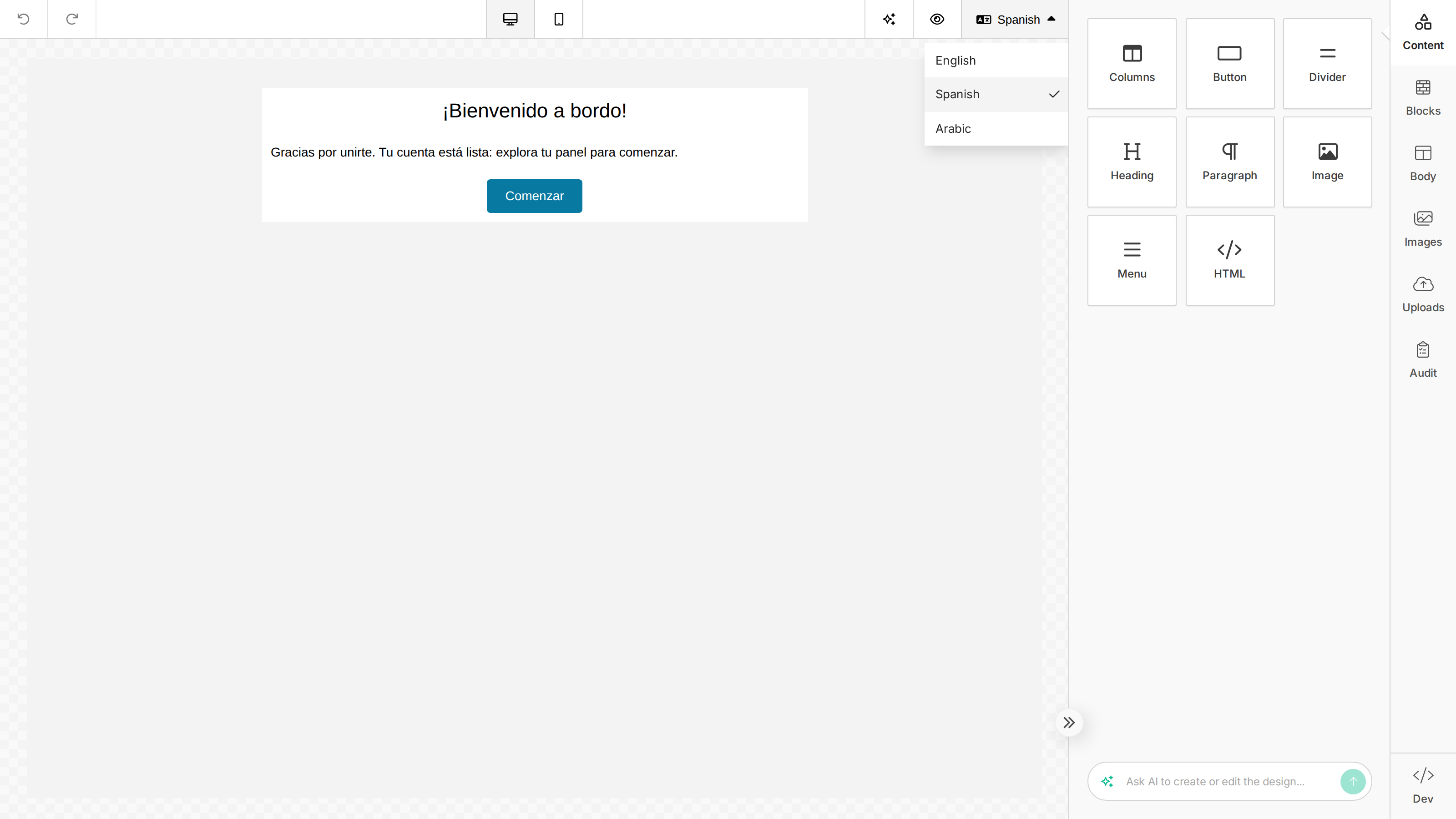 The builder after switching the language selector to Spanish — the heading, paragraph, and button re-render with the Spanish translations, and the open selector shows Spanish selected