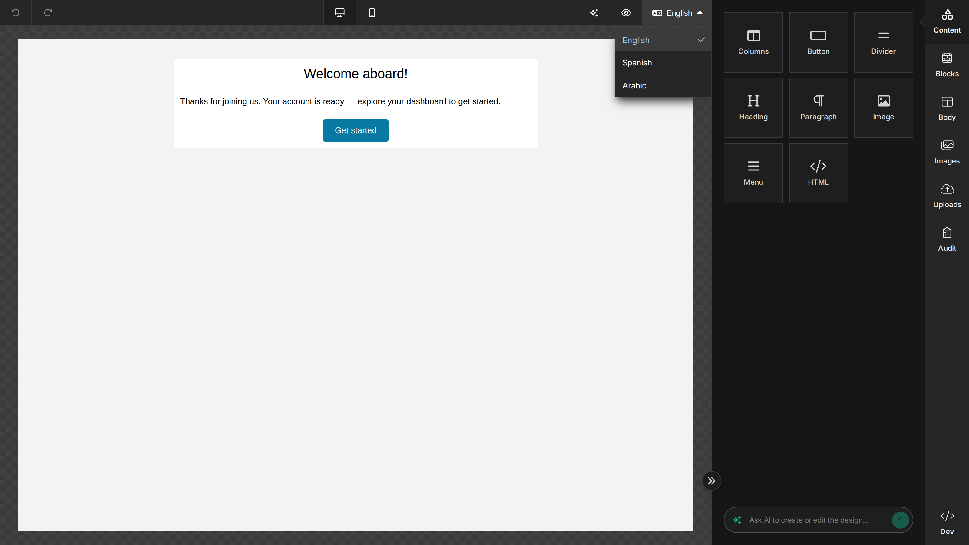 The language selector open in the builder toolbar, listing English, Spanish, and Arabic for a multi-language template