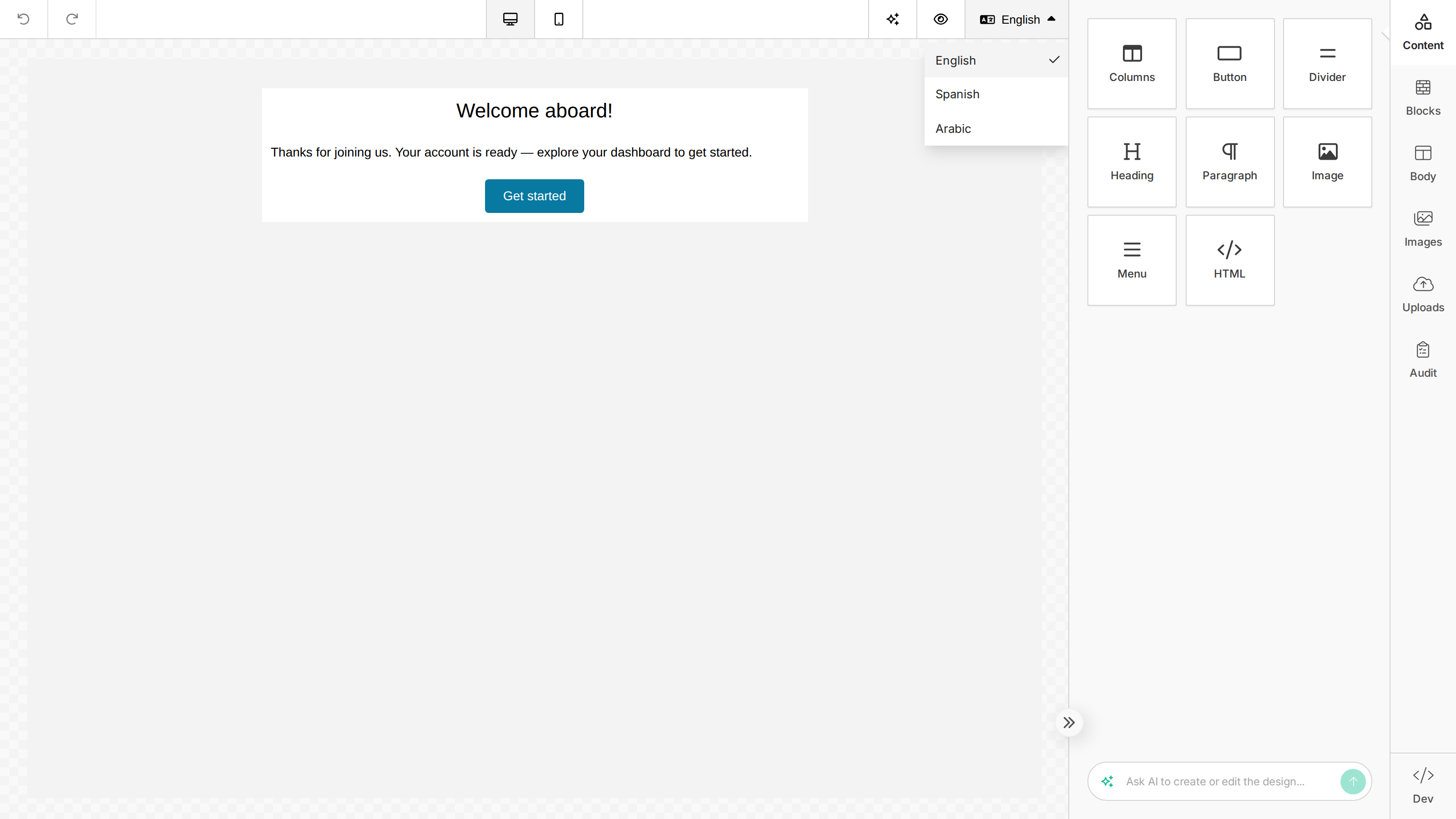 The language selector open in the builder toolbar, listing English, Spanish, and Arabic for a multi-language template