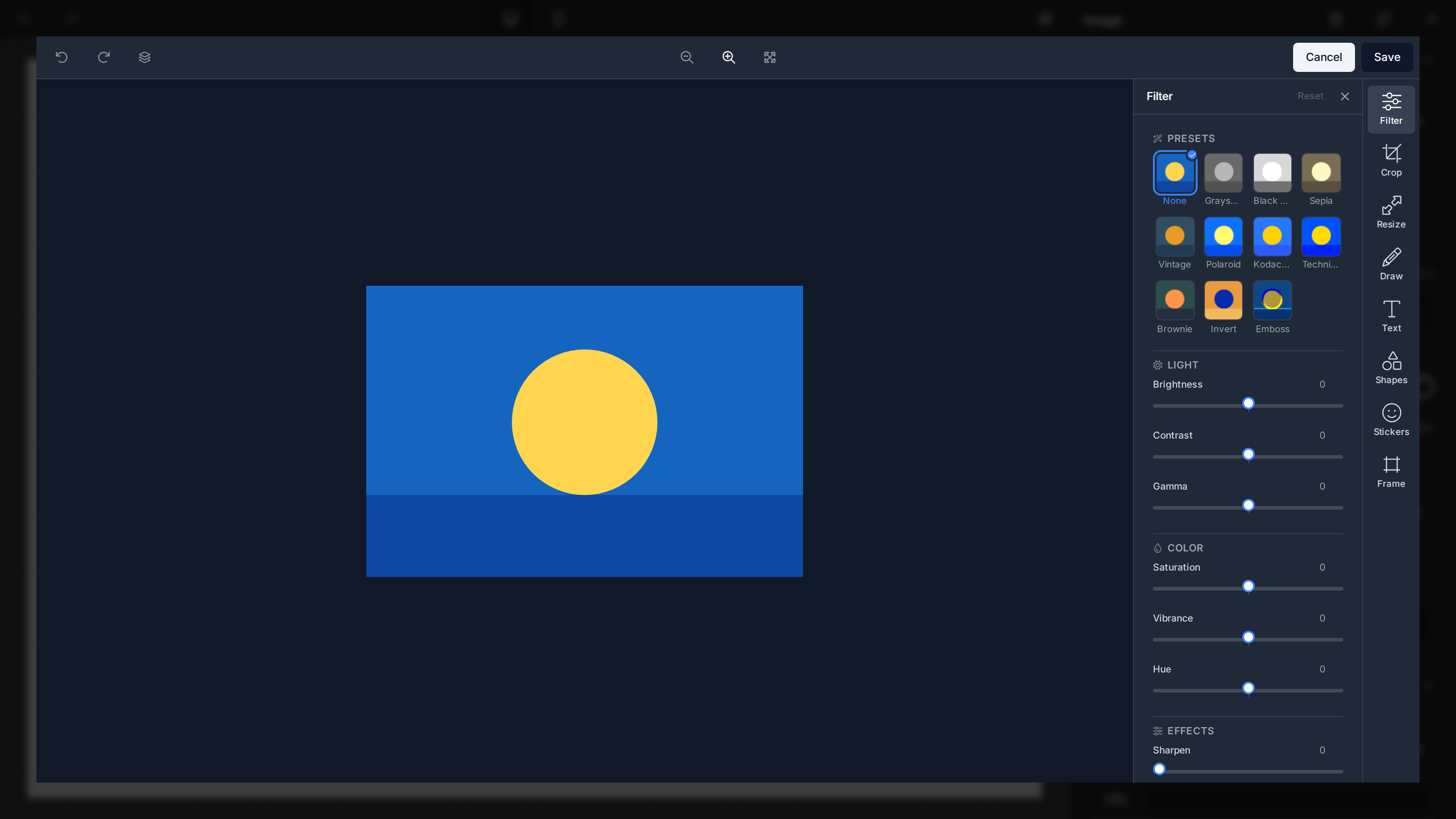 Unlayer's in-house image editor open over a selected image, with a right-docked tool rail (Filter, Crop, Resize, Rotate, Draw, Shapes, Frame) and the Filter properties panel showing one-tap preset thumbnails and adjustment sliders