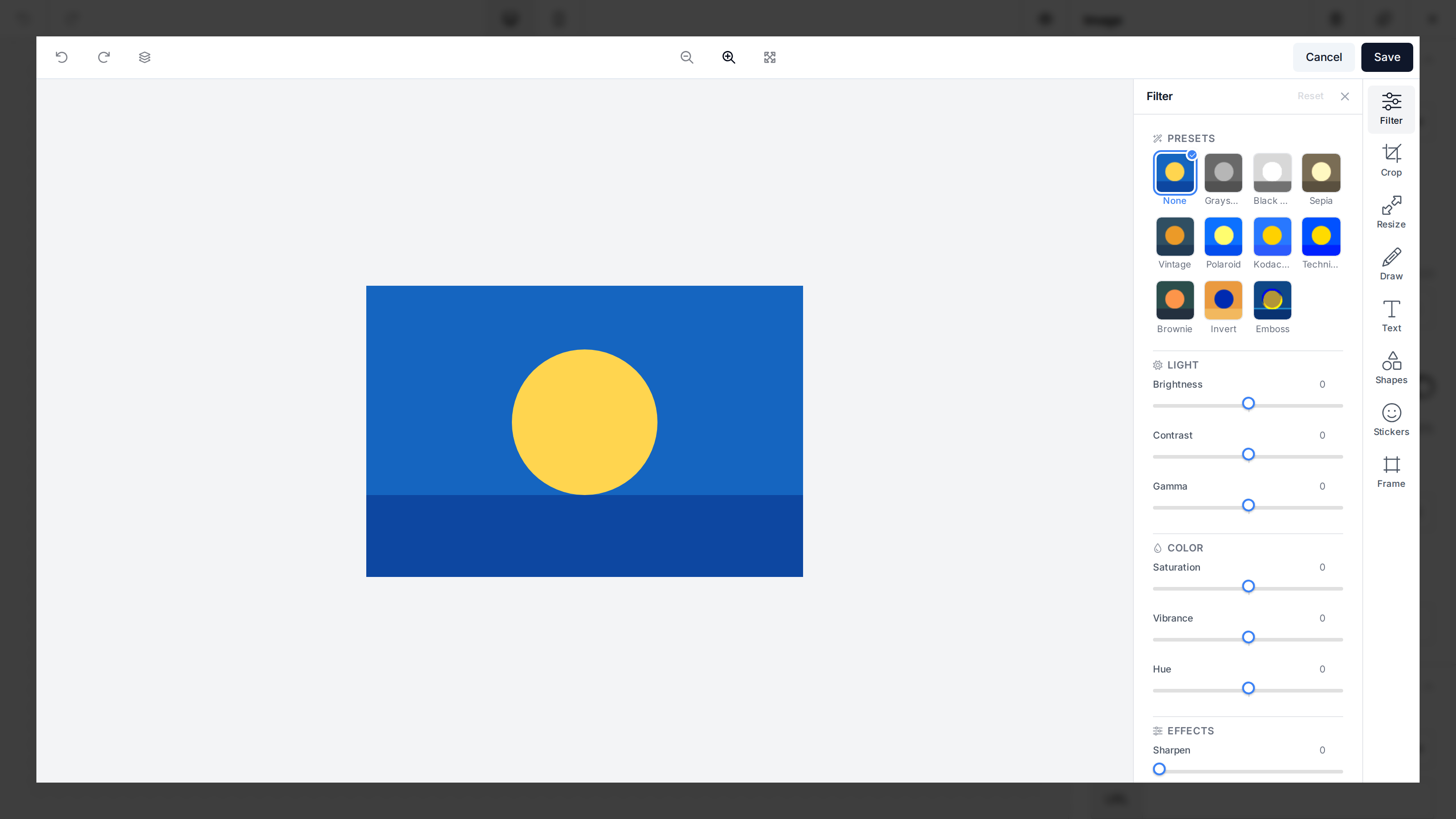 Unlayer's in-house image editor open over a selected image, with a right-docked tool rail (Filter, Crop, Resize, Rotate, Draw, Shapes, Frame) and the Filter properties panel showing one-tap preset thumbnails and adjustment sliders