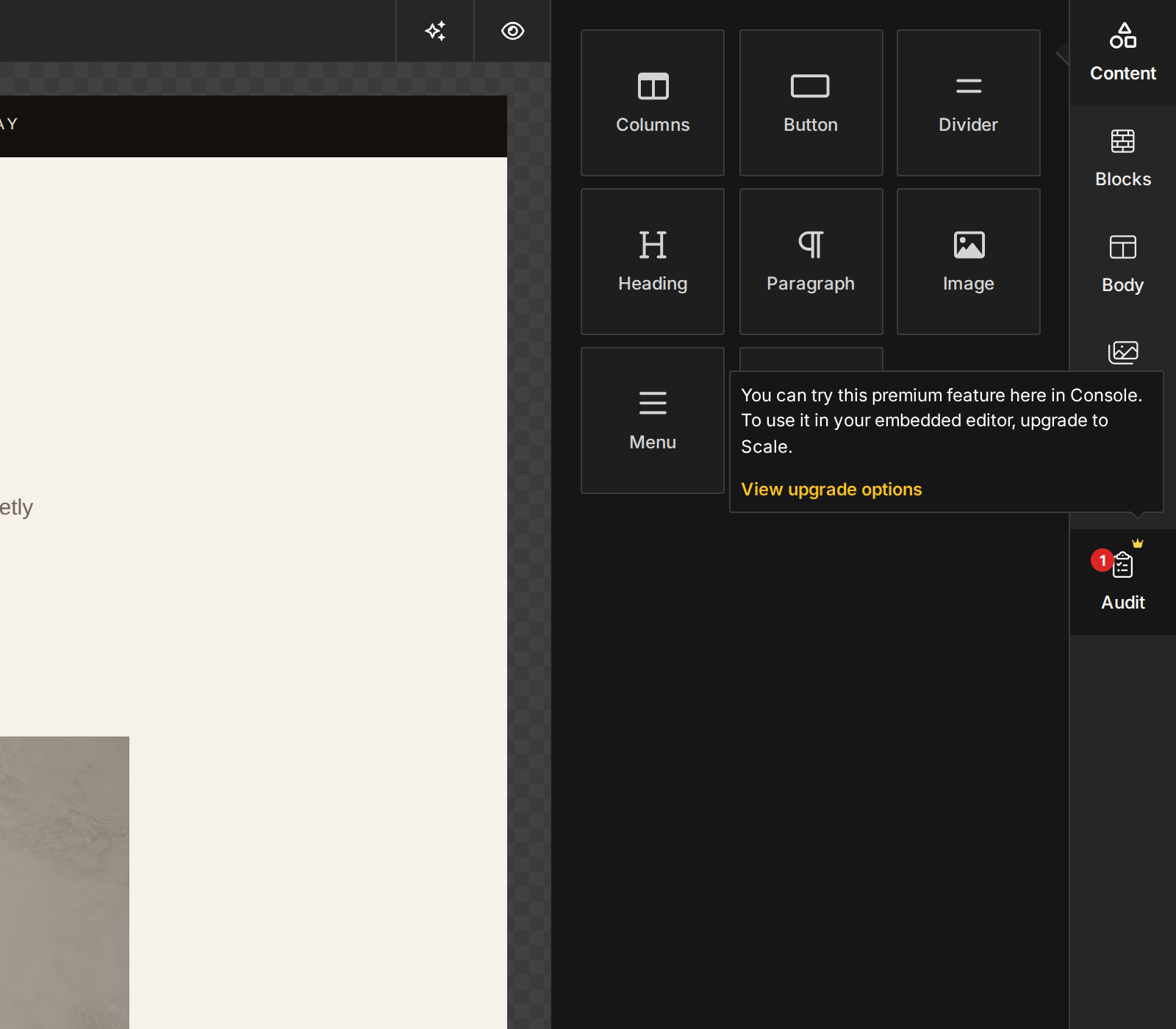The Console editor showing crown badges on premium controls and an upgrade explanation for an owner