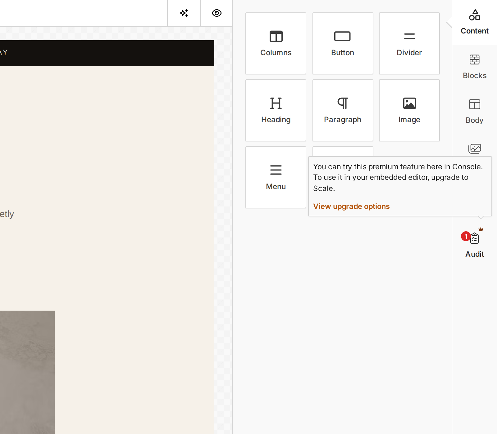 The Console editor showing crown badges on premium controls and an upgrade explanation for an owner
