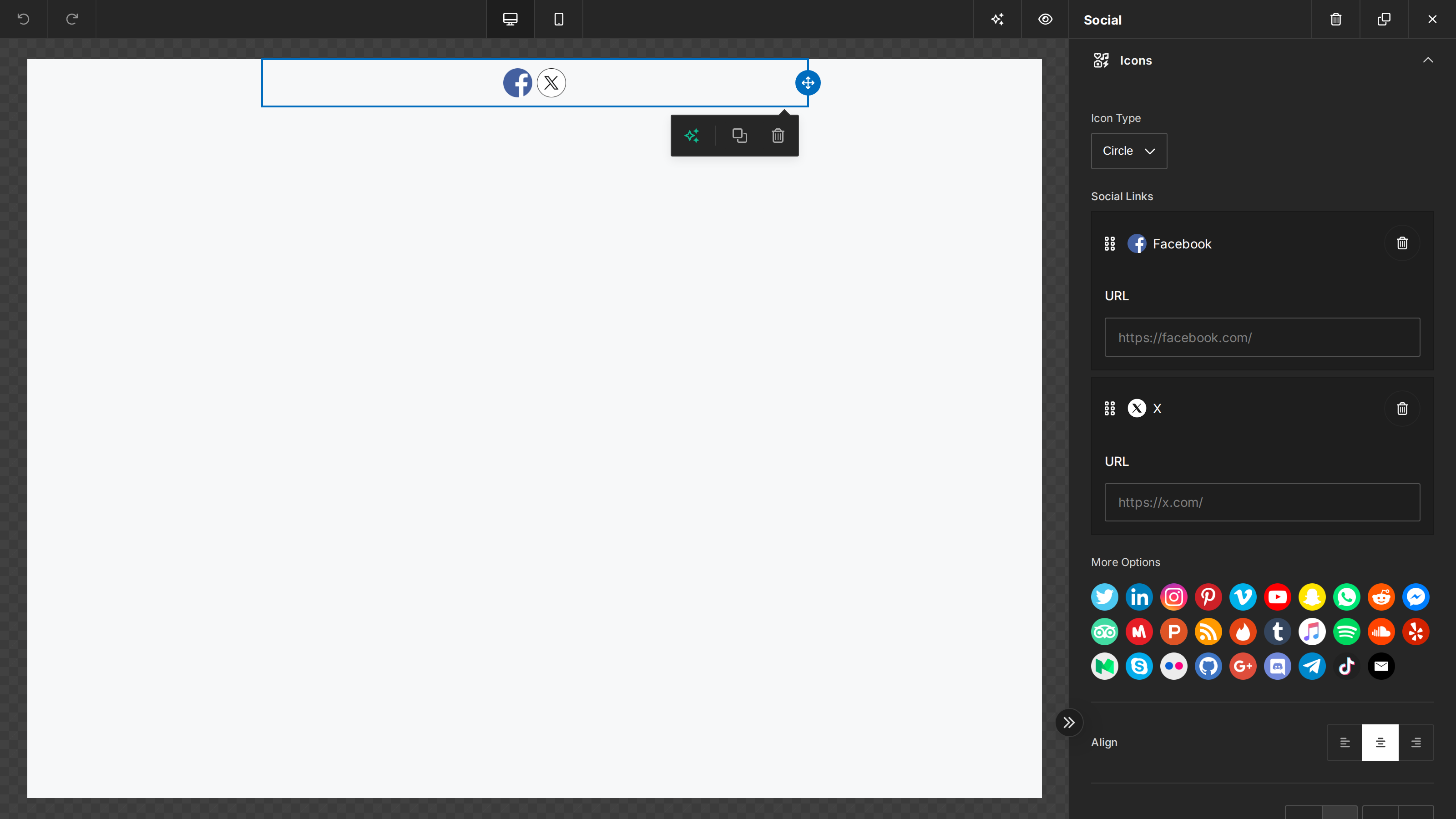 The Social tool showing circular Facebook and X icons with their URLs pre-filled