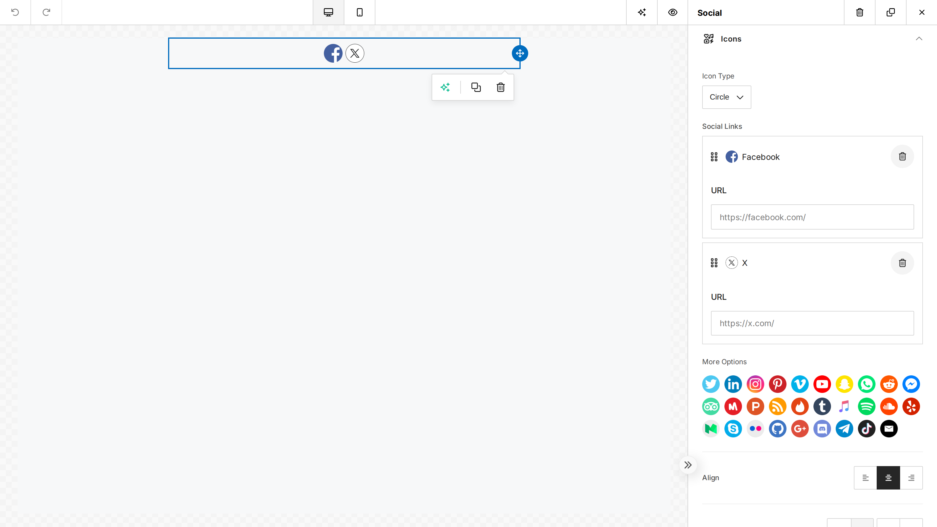 The Social tool showing circular Facebook and X icons with their URLs pre-filled