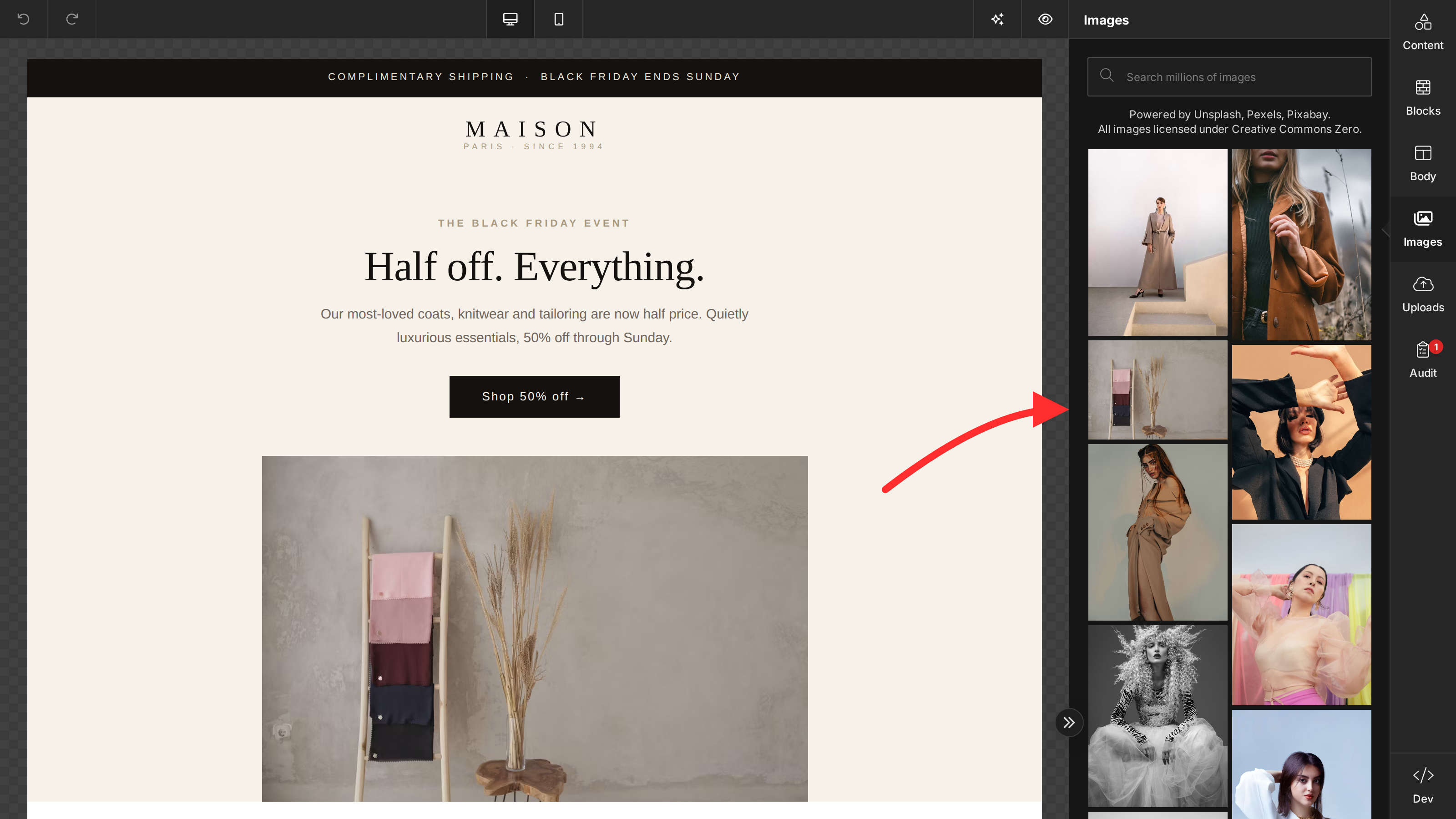 The builder Images tab open in the tools panel — a search field over a masonry grid of stock photos, credited to Unsplash, Pexels and Pixabay