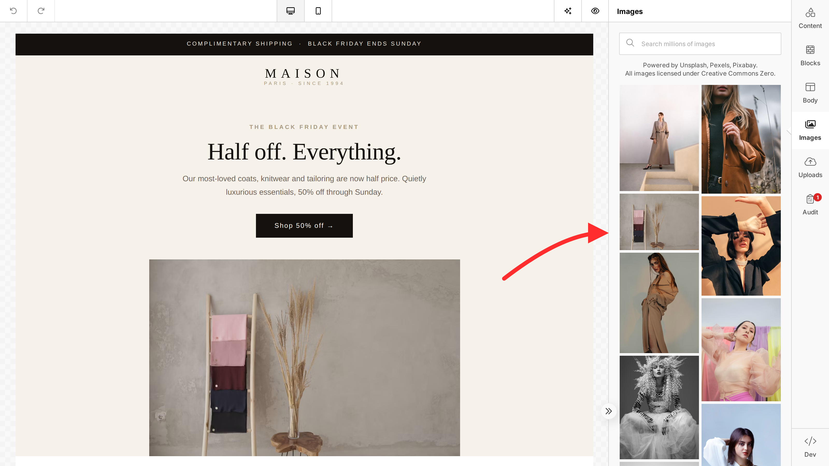 The builder Images tab open in the tools panel — a search field over a masonry grid of stock photos, credited to Unsplash, Pexels and Pixabay