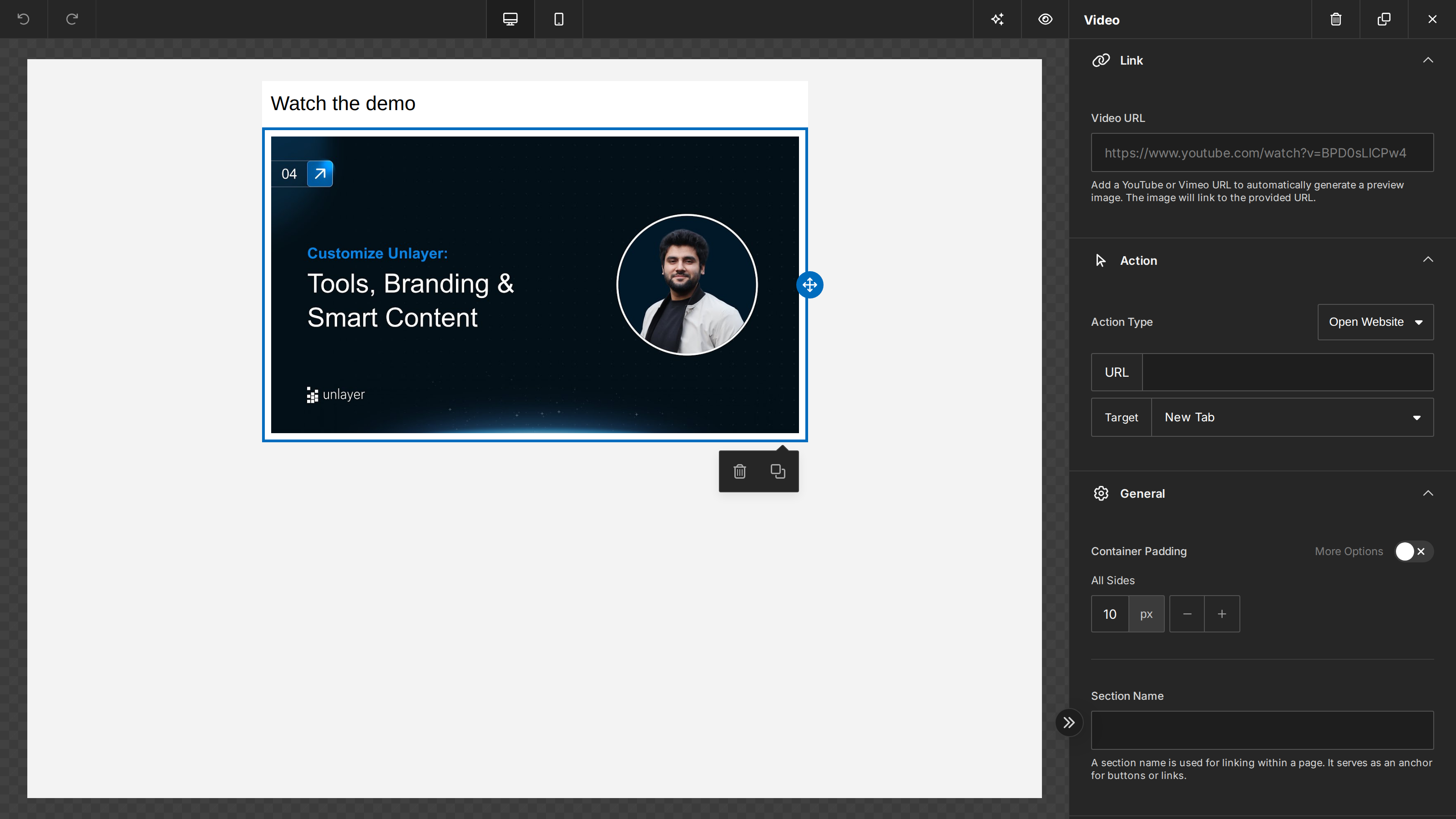 The Unlayer builder showing a Video content tool embedding a YouTube video